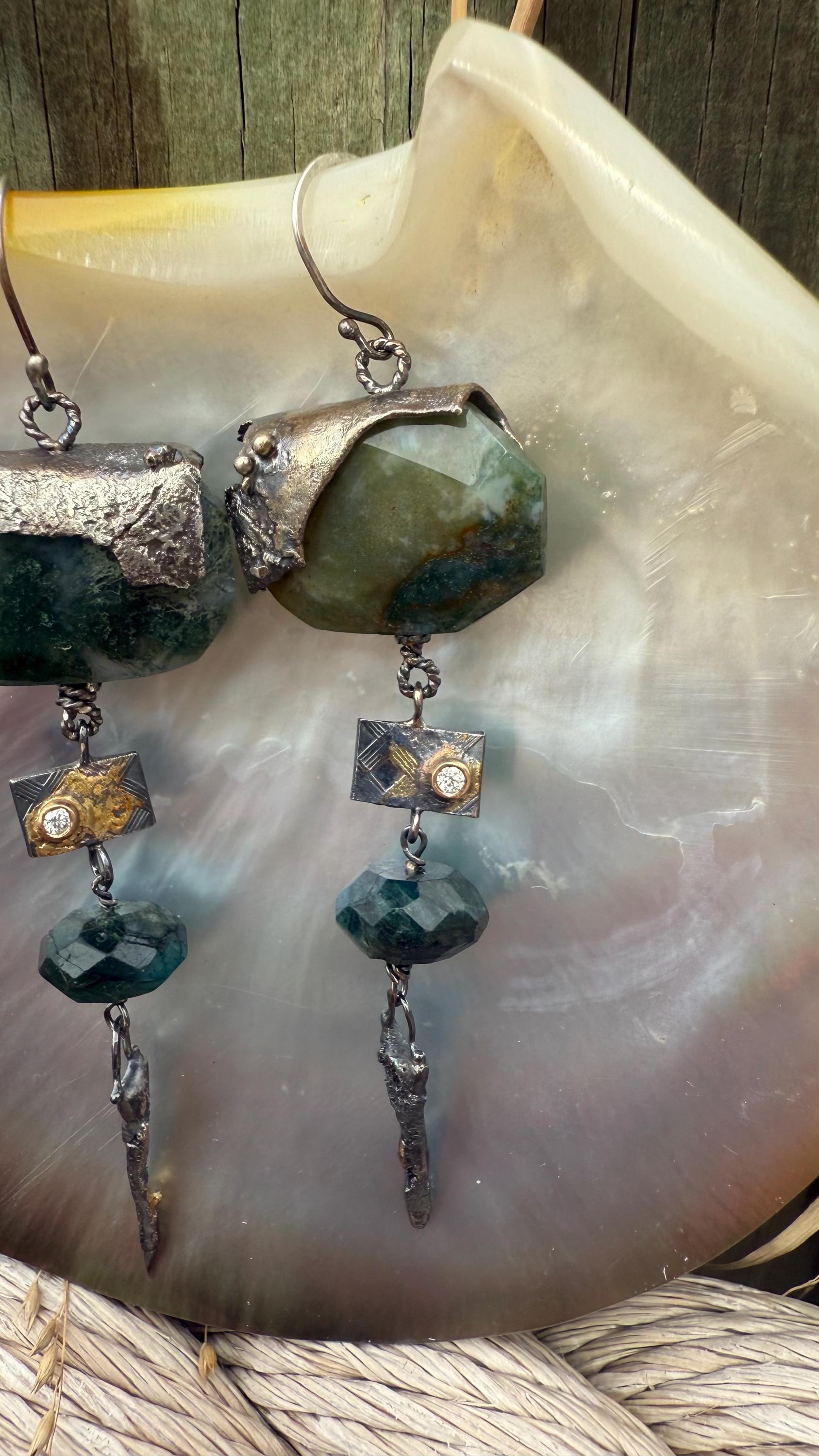 Gypsy Dangle Earrings with Moss Agate,  Emerald, Diamond, Sterling Silver, and 14Kt  Gold.