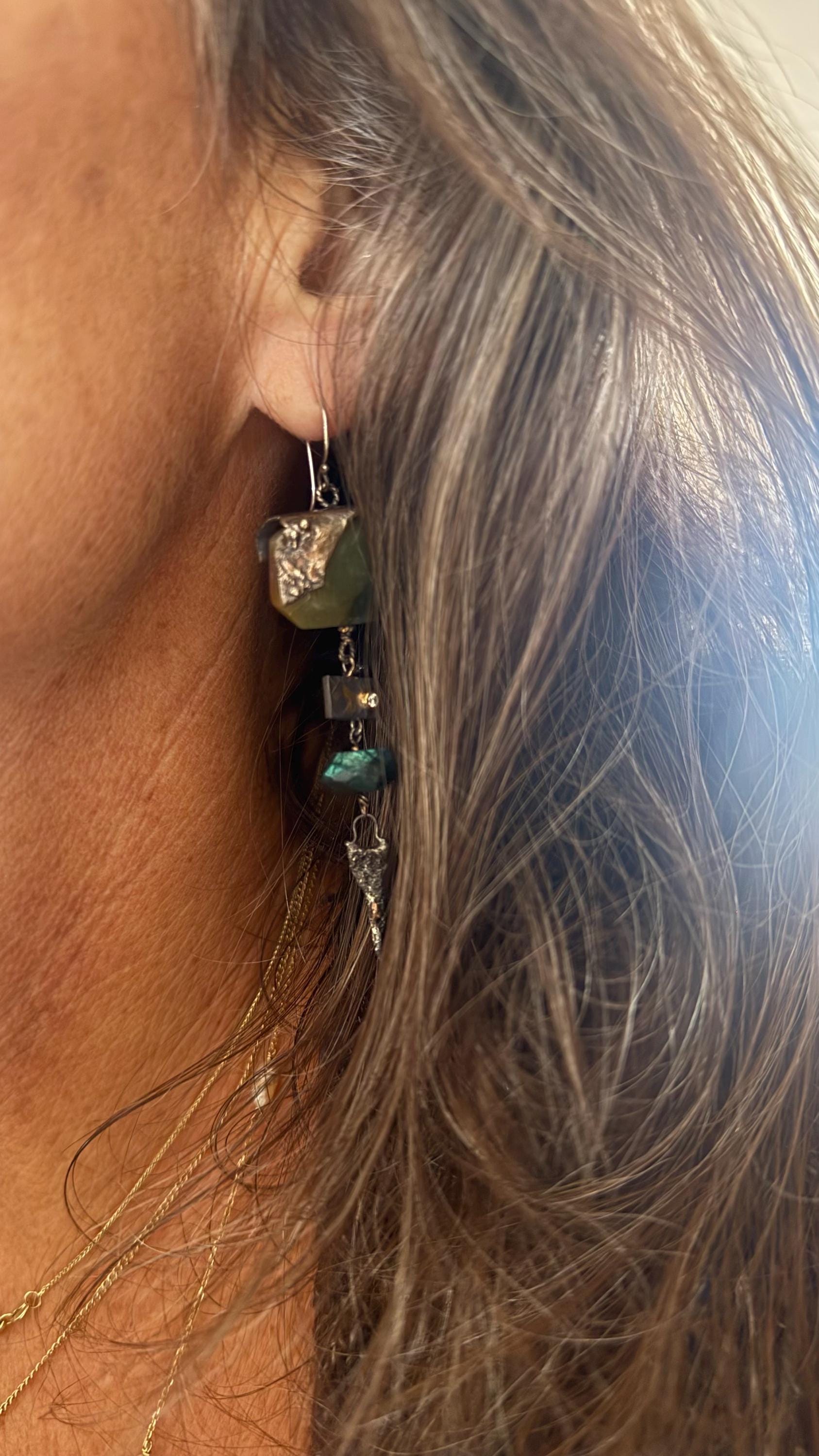 Gypsy Dangle Earrings with Moss Agate,  Emerald, Diamond, Sterling Silver, and 14Kt  Gold.