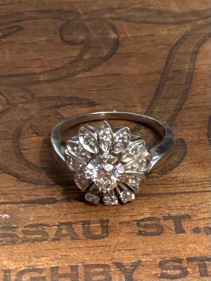 Antique Midcentury Cluster Flower Ring, Natural Diamonds, size 7. 1960’s