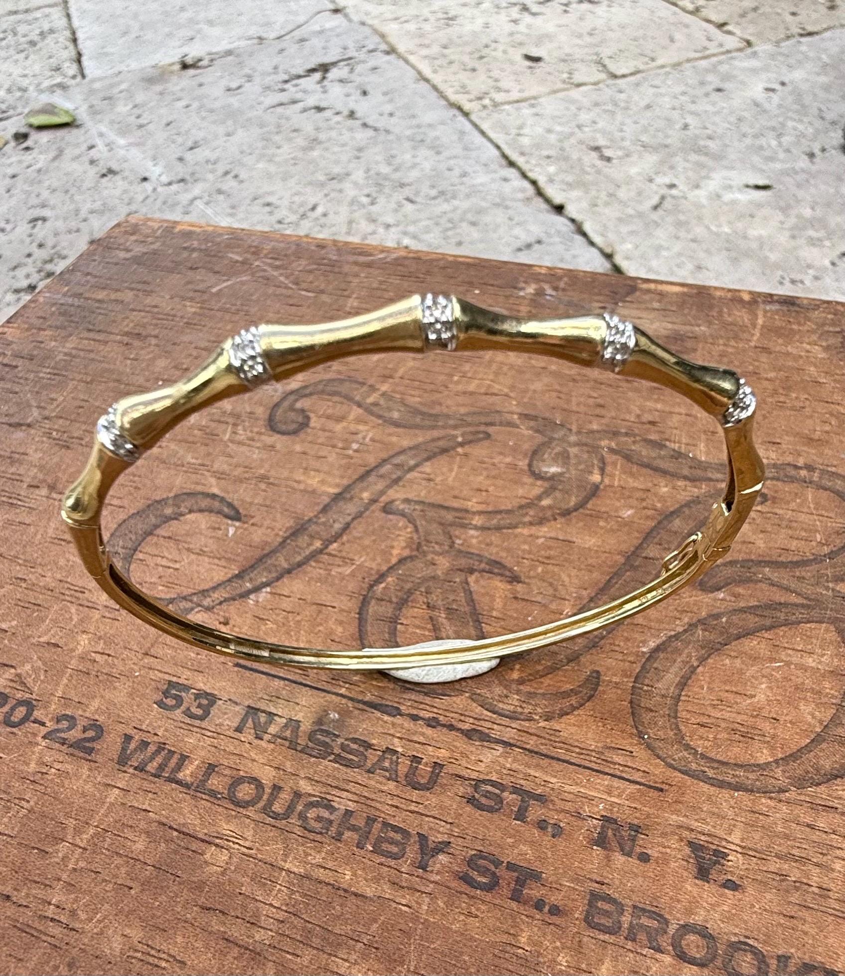 Vintage Gold Bamboo Bangle from UK in Yellow and White 9K Gold with Natural Diamonds, 6.4 grams.