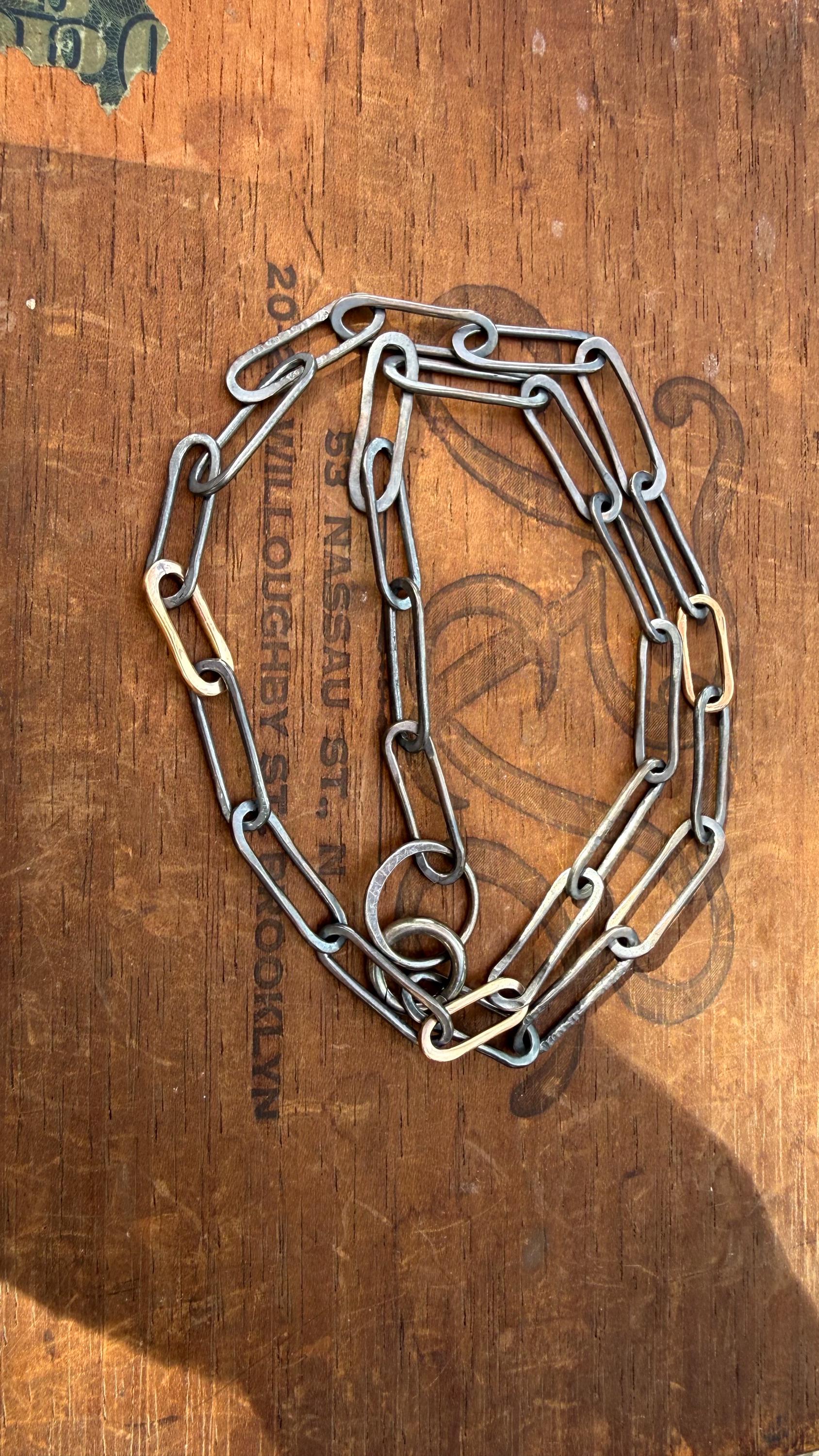 Hand-Formed Blackened Sterling Silver & 14k Gold Filled Paperclip Link Necklace, 23”