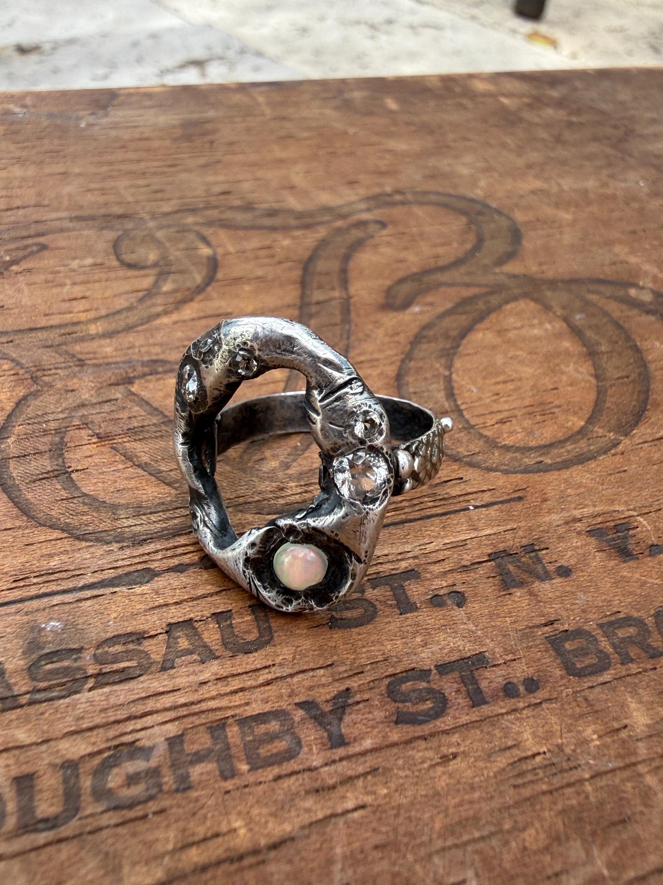 Fine & Sterling Silver Organic Pirate Ring with CZ’s and an Opal. Size 7.5