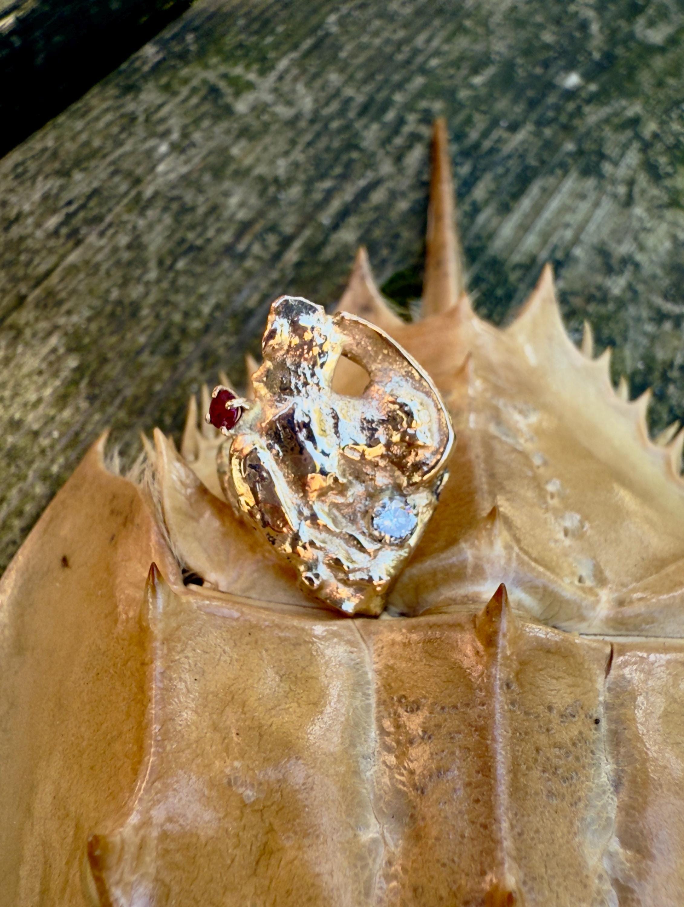 14k Gold Fused with Vintage Natural Diamond 3mm and Ruby. size 6.5.