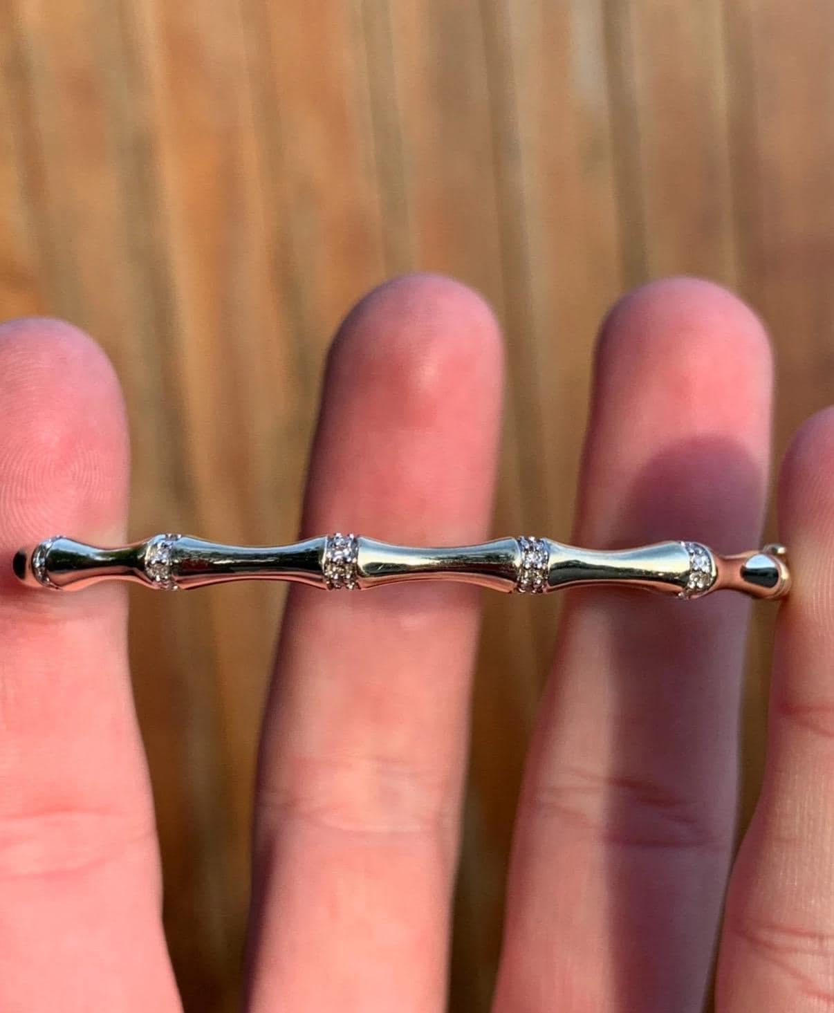 Vintage Gold Bamboo Bangle from UK in Yellow and White 9K Gold with Natural Diamonds, 6.4 grams.