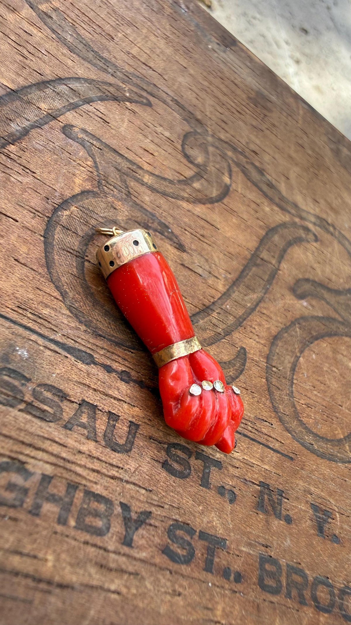 Antique Italian Coral Figa Charm with 14k Gold Amulet Pendant