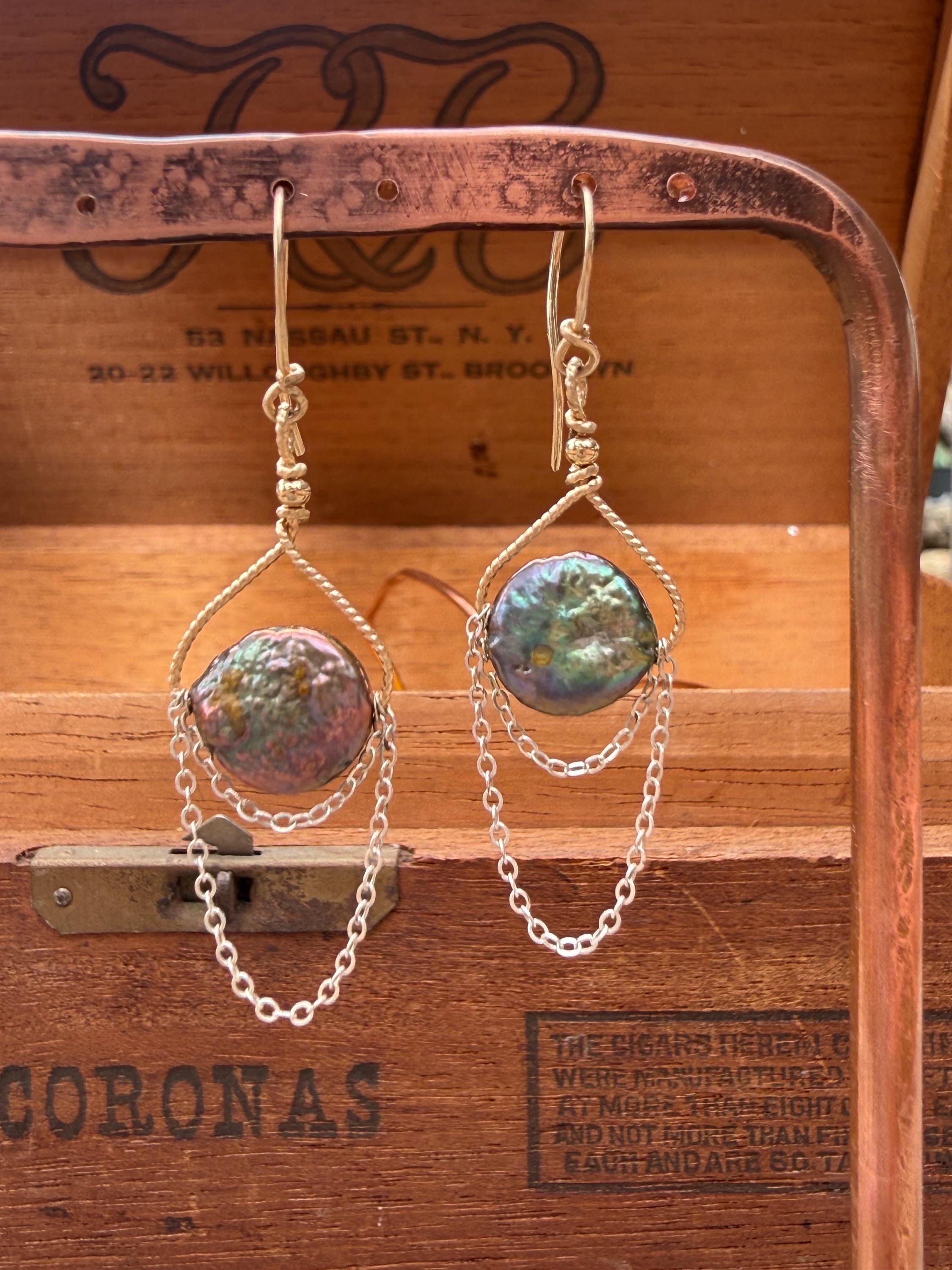 Freshwater Pearl & Chain Dangle Earrings in S.Silver and 14kgf Rope, Hamdmade