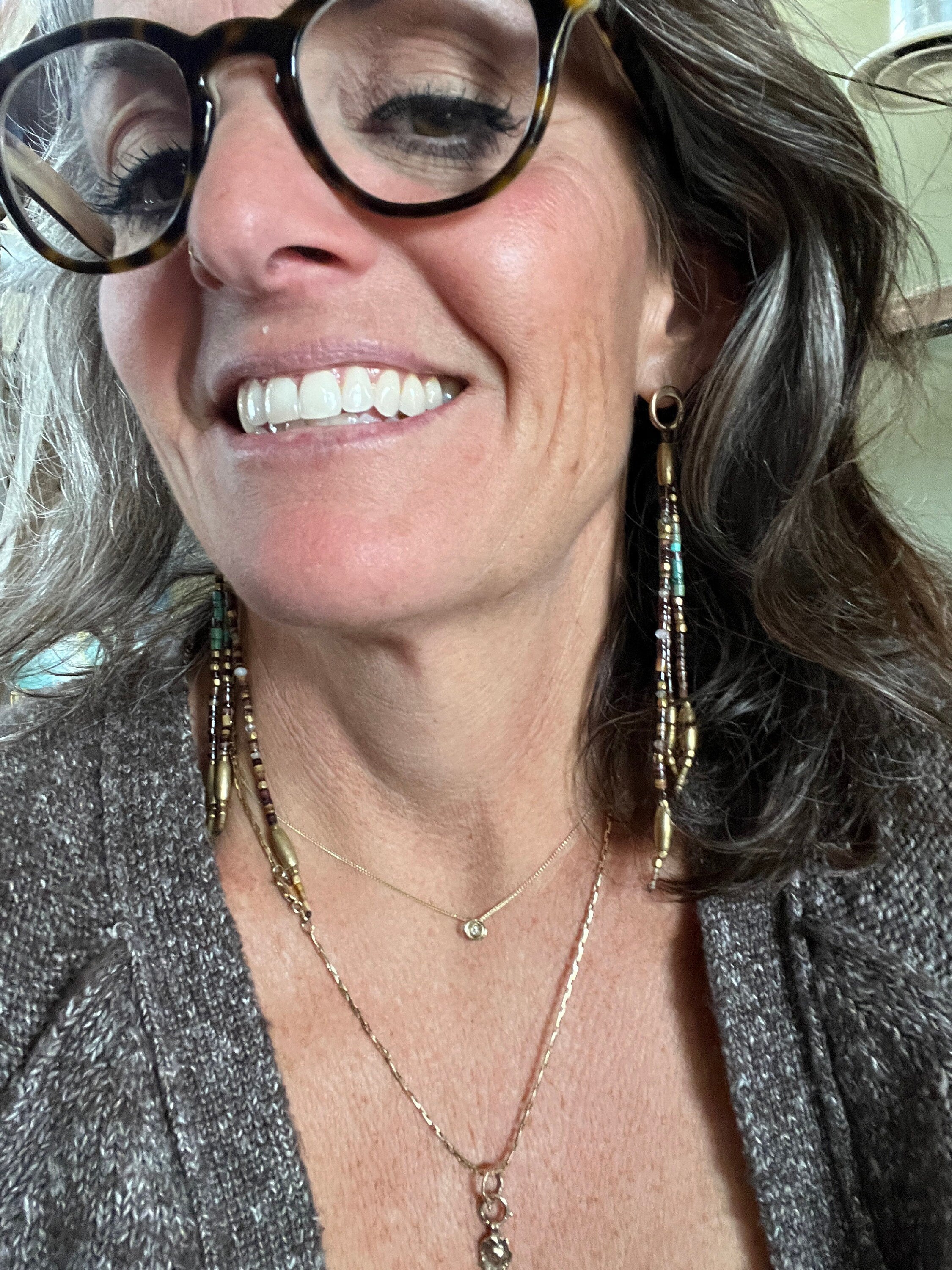 Gypsy Earrings with Shell, Labradorite, Turquoise, Moonstone, & Brass beads and 14kgf with SS Posts.