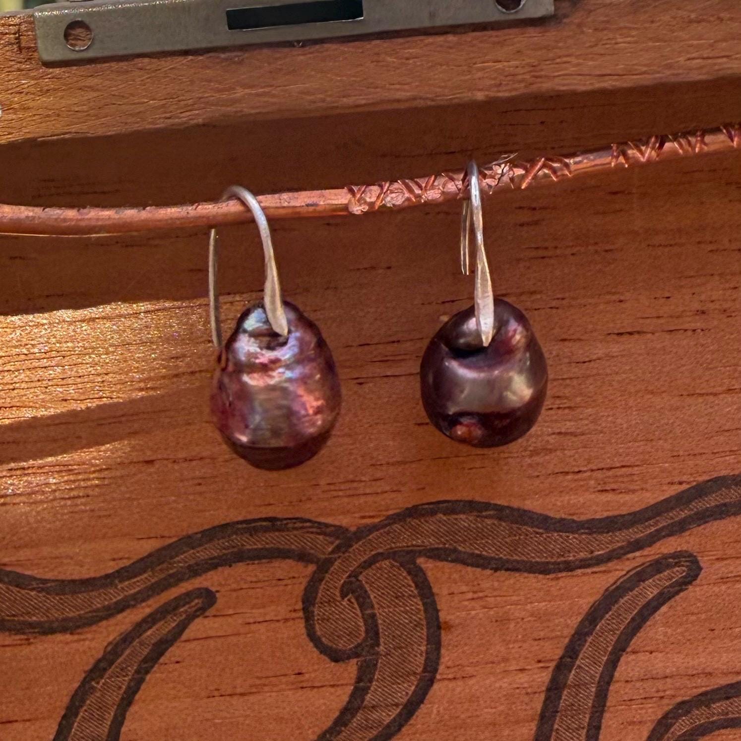 Port Colored Baroque Freshwater Pears with Sterling Silver hooks.