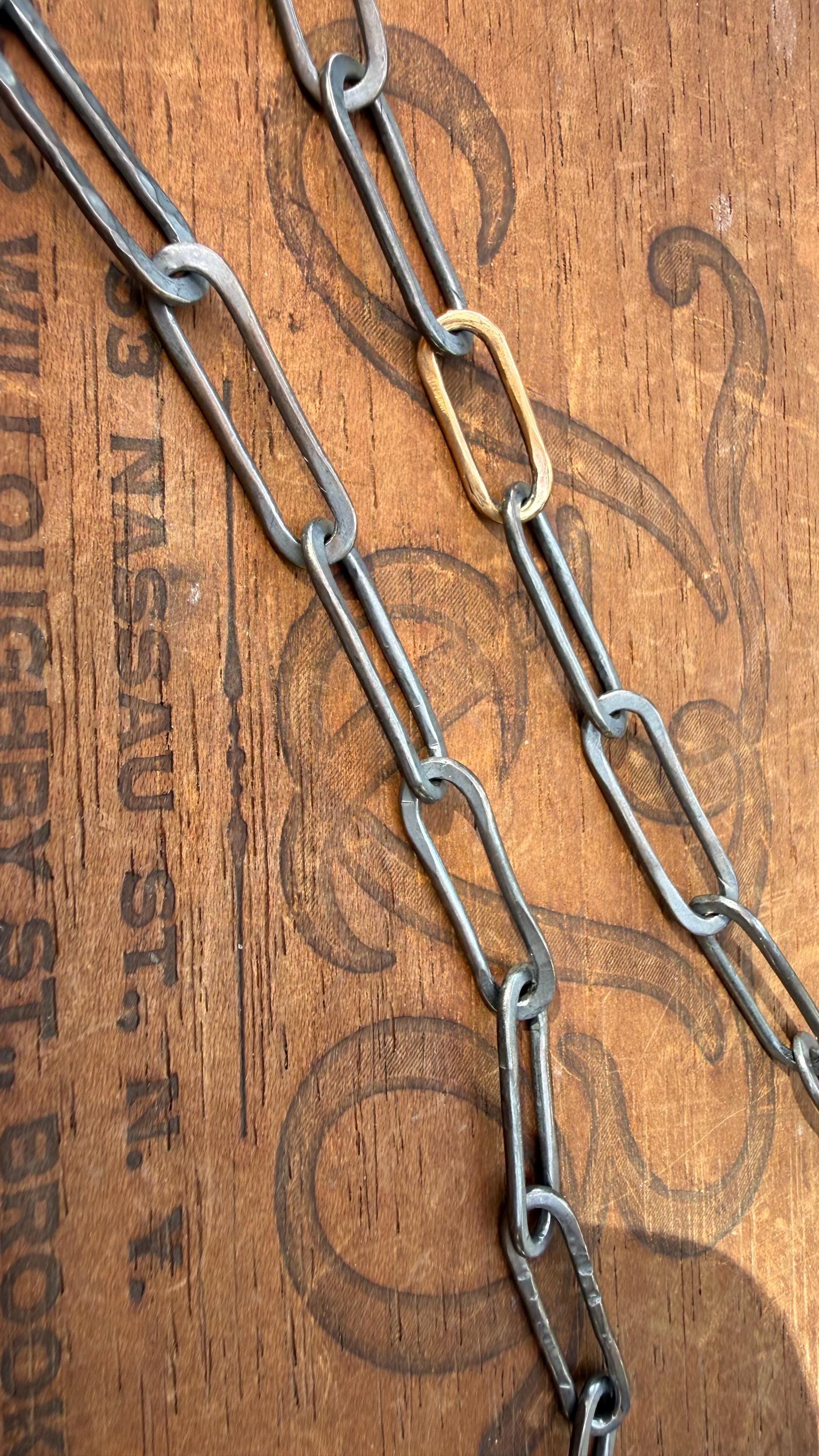Hand-Formed Blackened Sterling Silver & 14k Gold Filled Paperclip Link Necklace, 23”