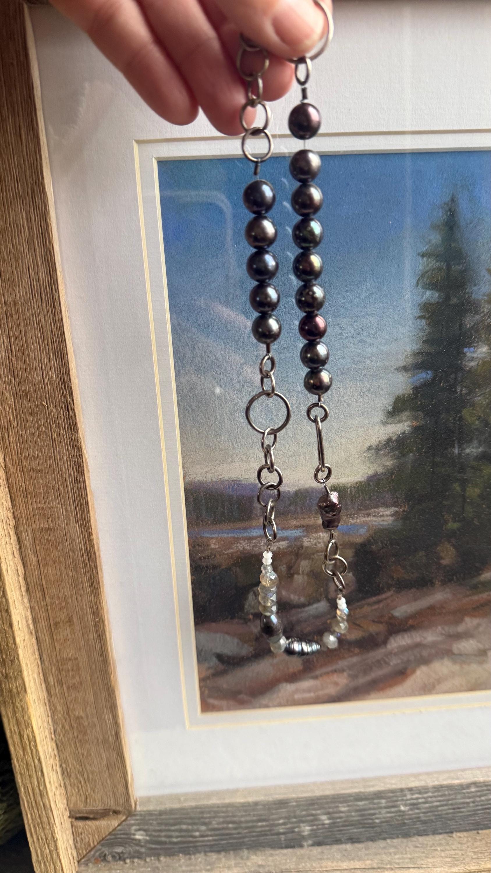 Asymmetrical Tahitian Black Pearl Necklace: Labradorite Moonstone, Hand-Forged Sterling Silver (18.5”)