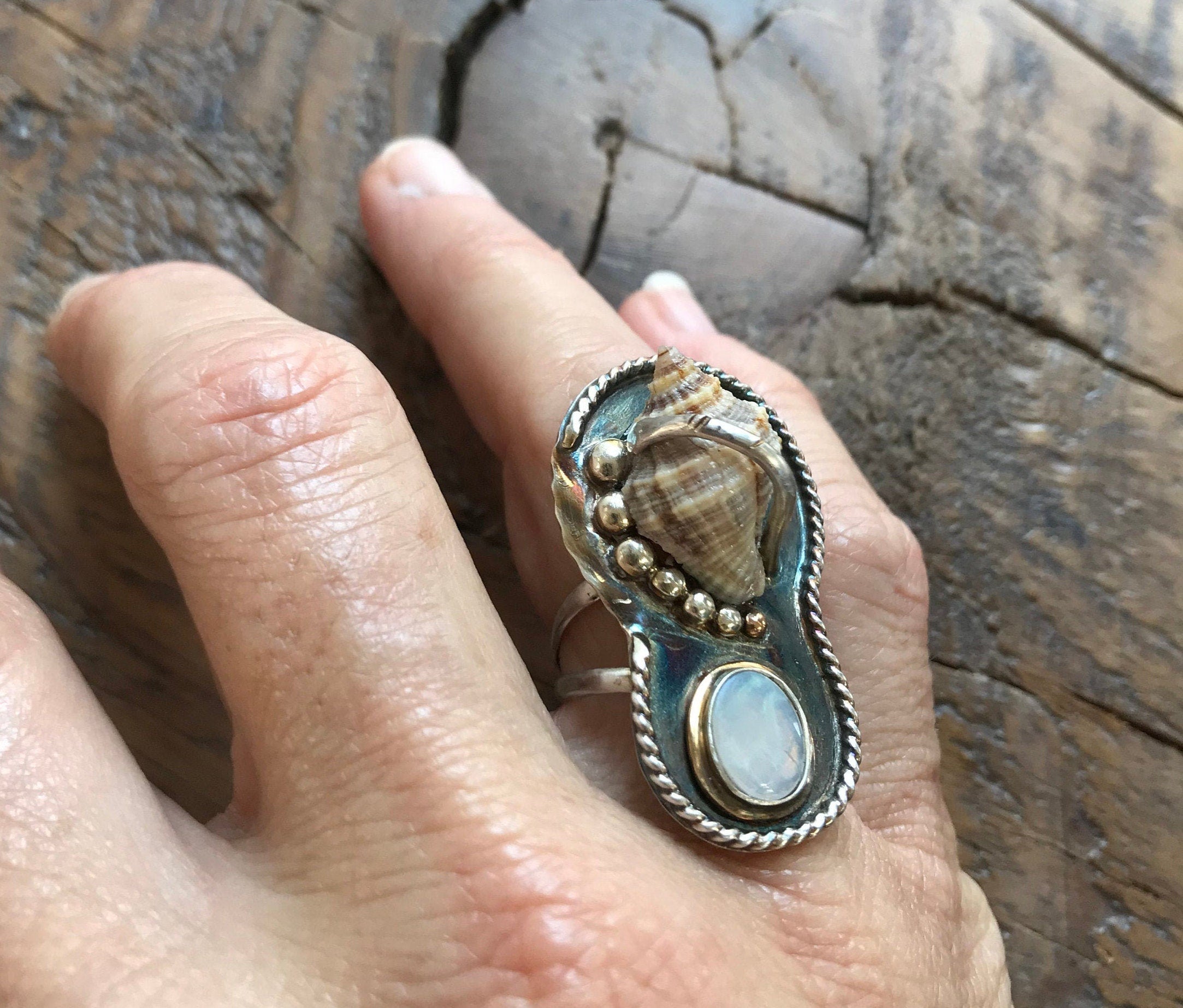 Hand-Picked Florida Rock Snail Shell, Paired with a Beautiful Opal in Mixed Metal; Truly a One of a Kind JO's Beach Inspired Artisan Ring