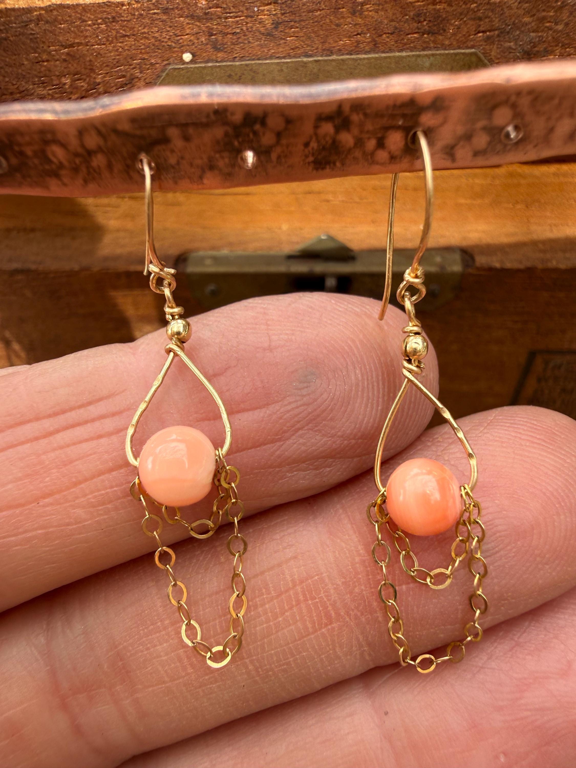 Angel Skin Coral & Chain Lightweight Dangle Earrings in 14kgf, Handmade