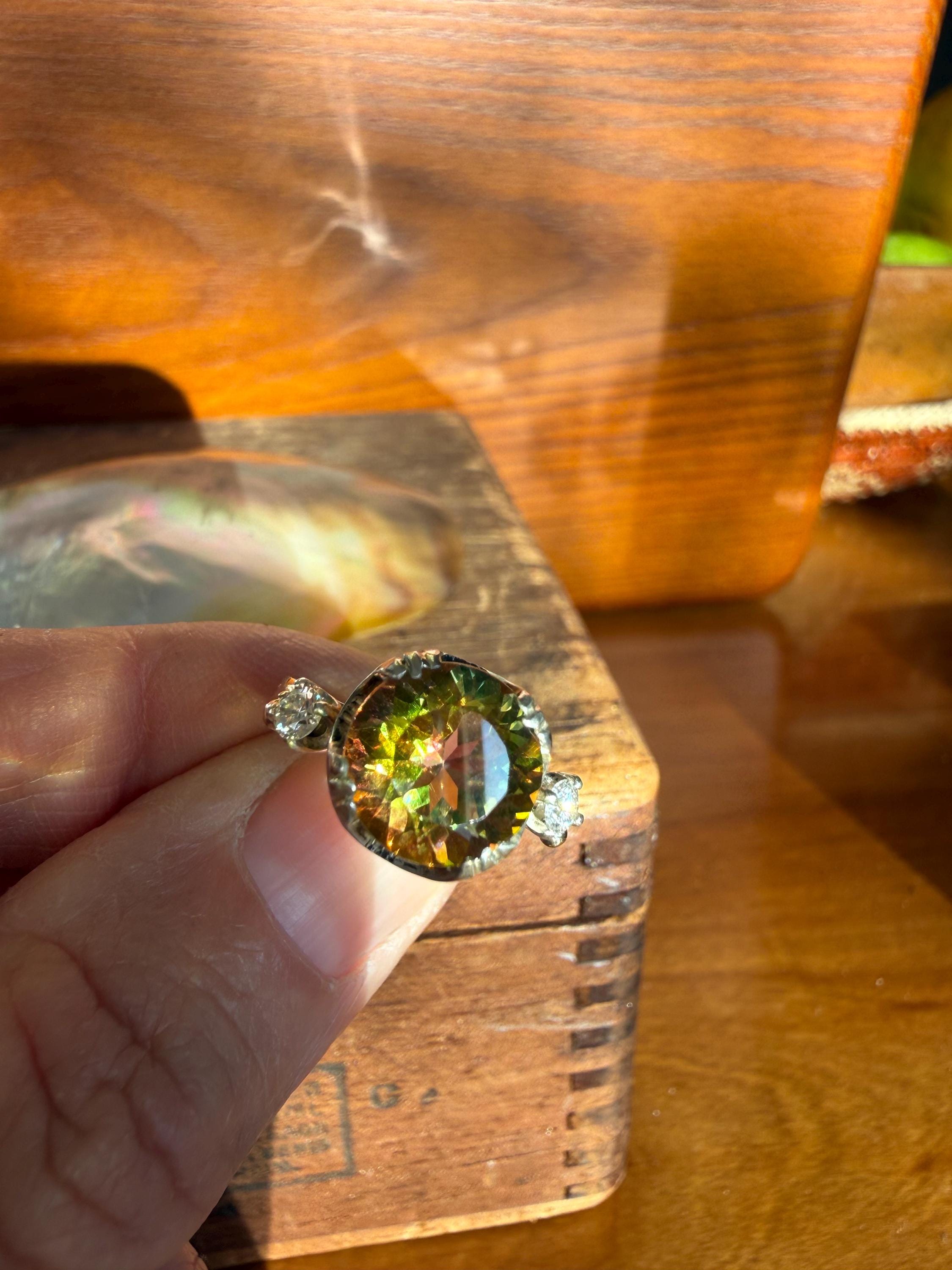 4 Carat Treasure Cave Mystic Topaz from Brazil, Flanked with Moissanite Diamonds, 14k Gold Vintage Band, size 6.5