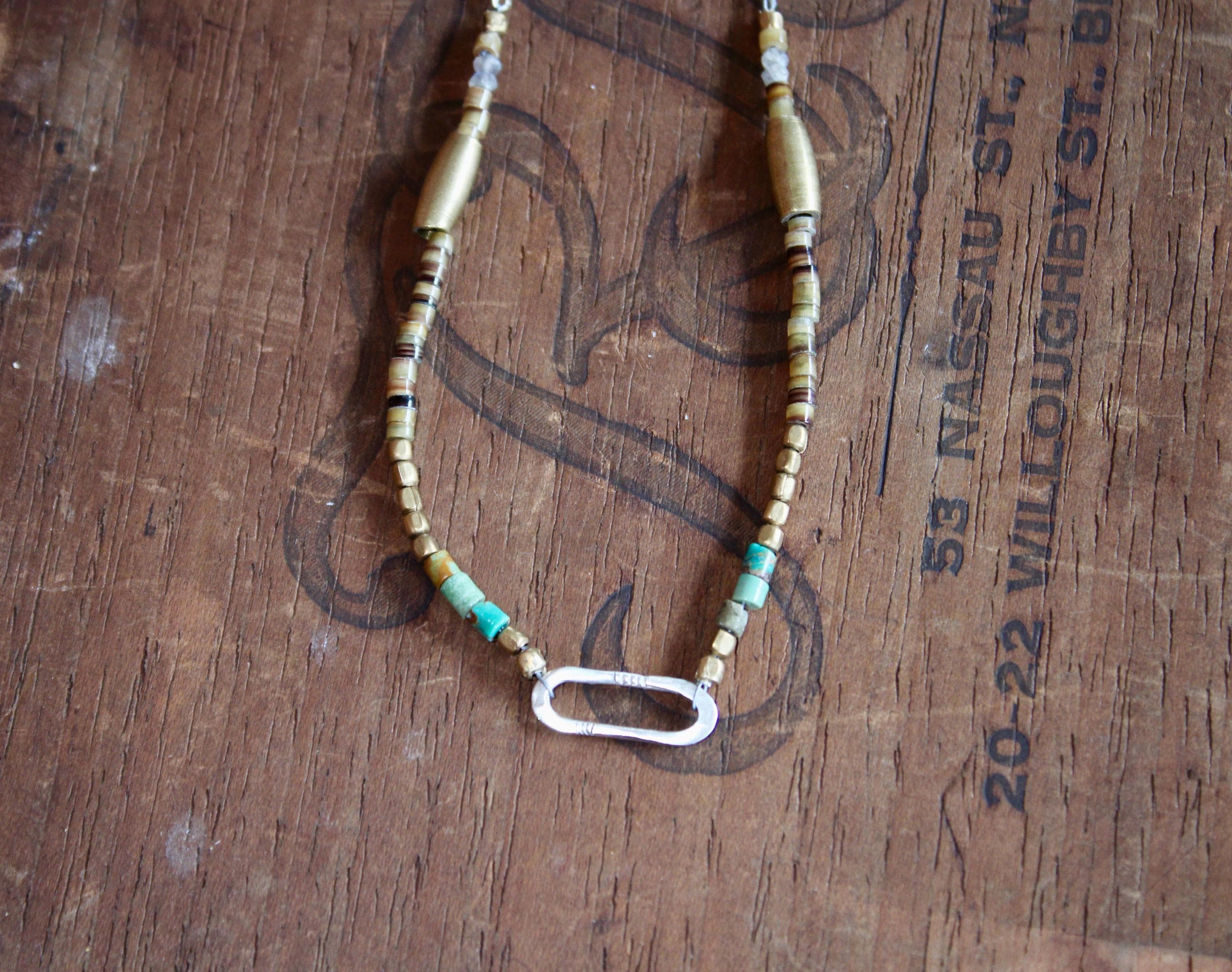 Gypsy Necklace with Turquoise, Shell, Labradorite & Brass Beads with Hand Formed S. Silver Link, 18” Silver chain