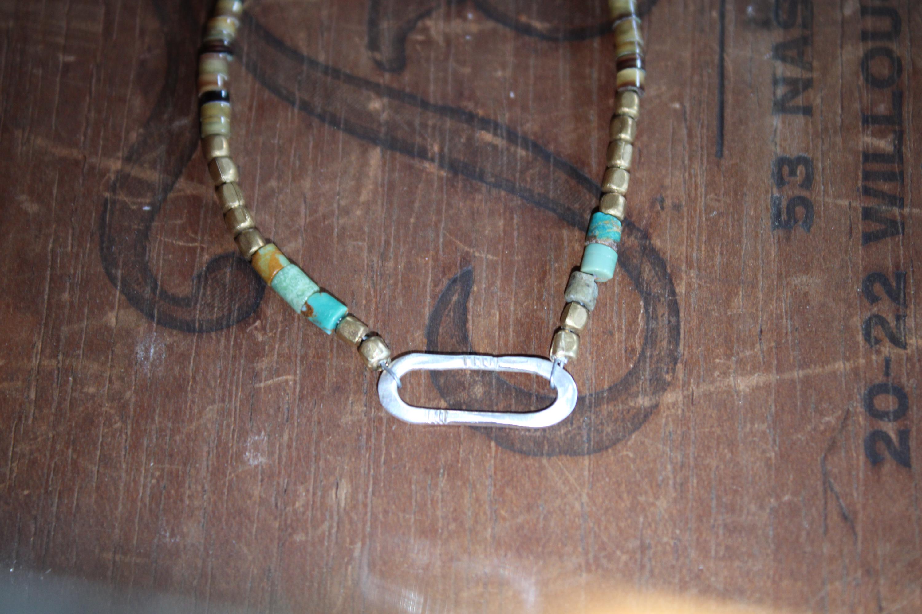 Gypsy Necklace with Turquoise, Shell, Labradorite & Brass Beads with Hand Formed S. Silver Link, 18” Silver chain