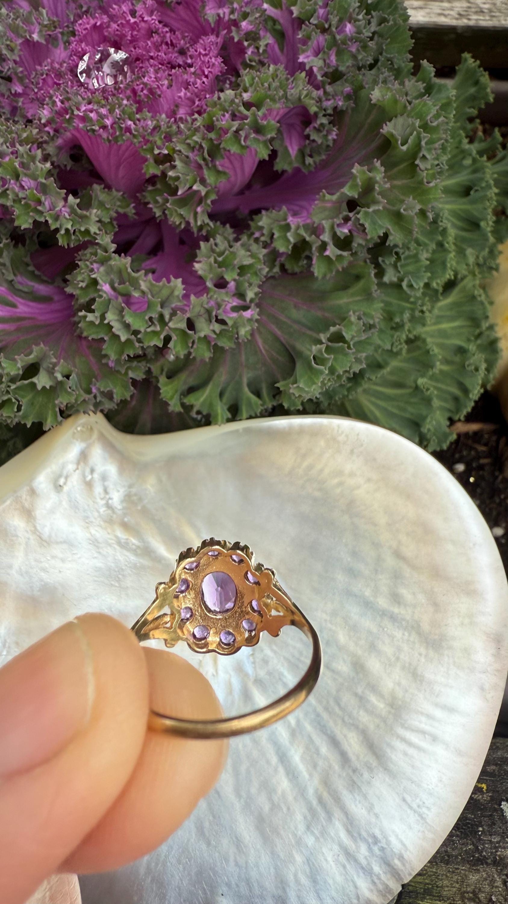 Vintage Amethyst Cluster Ring from England, 9K Gold; Size 8 1/4