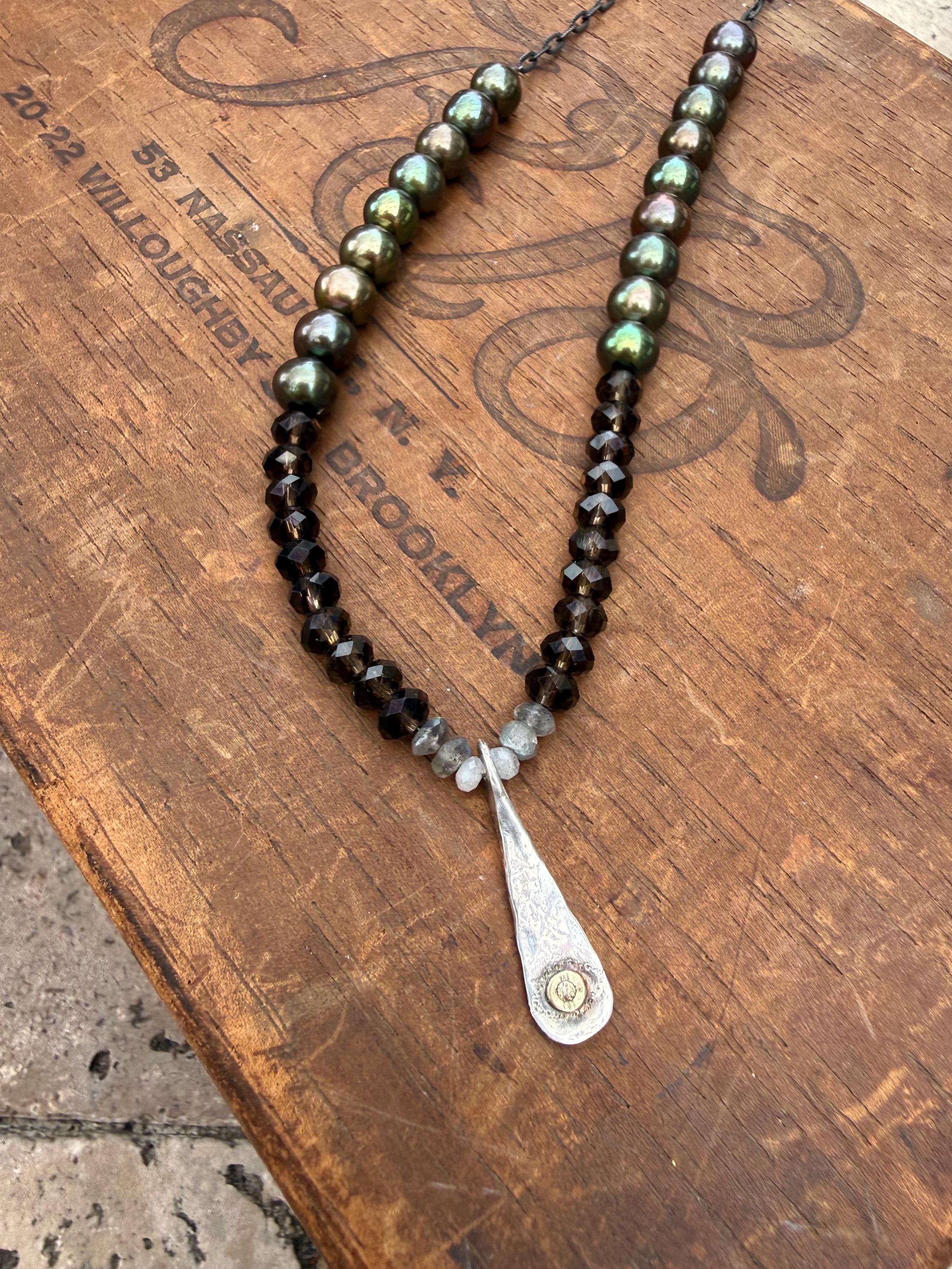 Evil Eye Sterling Silver Necklace: Smoky Quartz, Labradorite, Pearl, and Natural Champagne Diamond