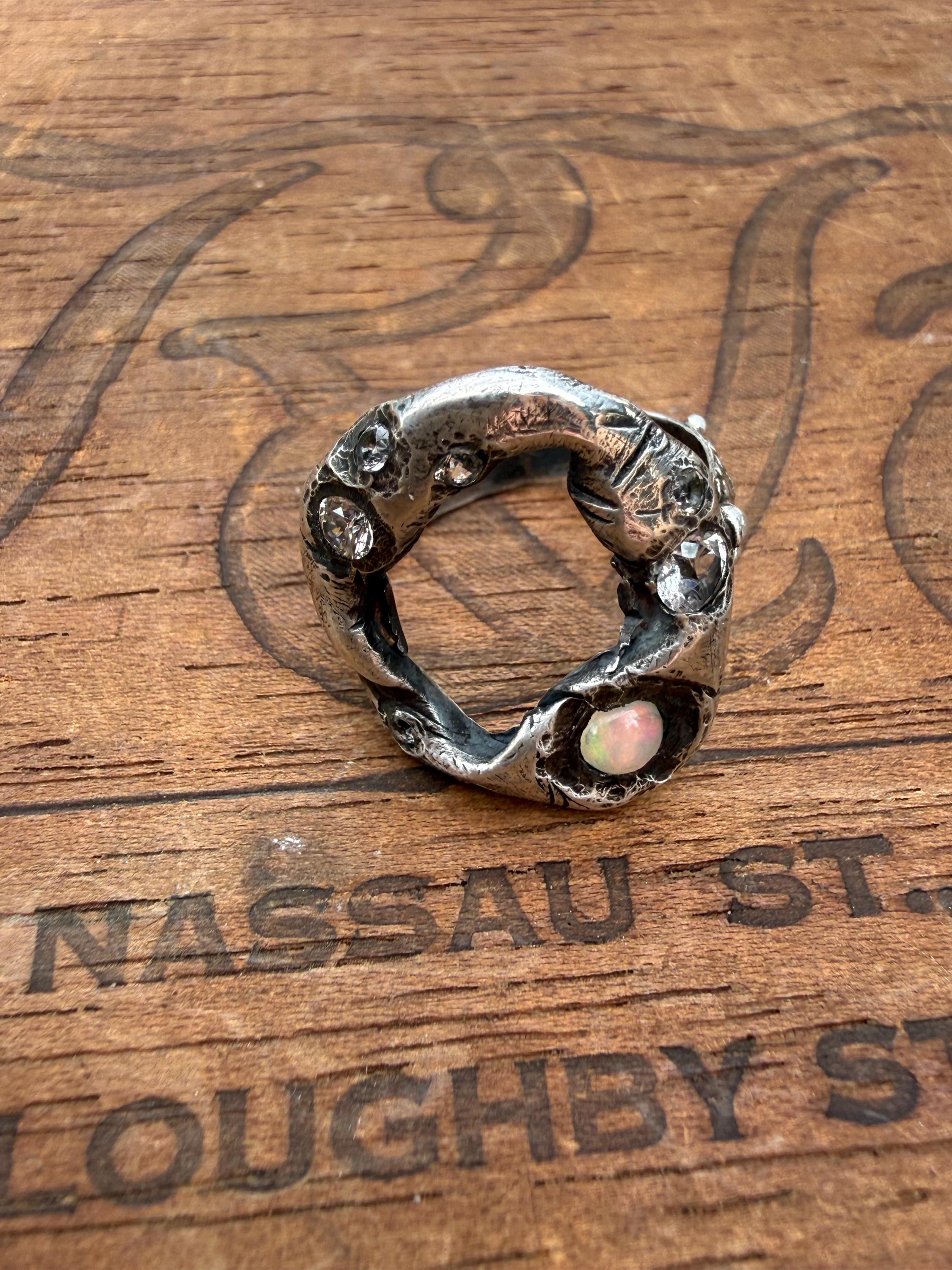 Fine & Sterling Silver Organic Pirate Ring with CZ’s and an Opal. Size 7.5
