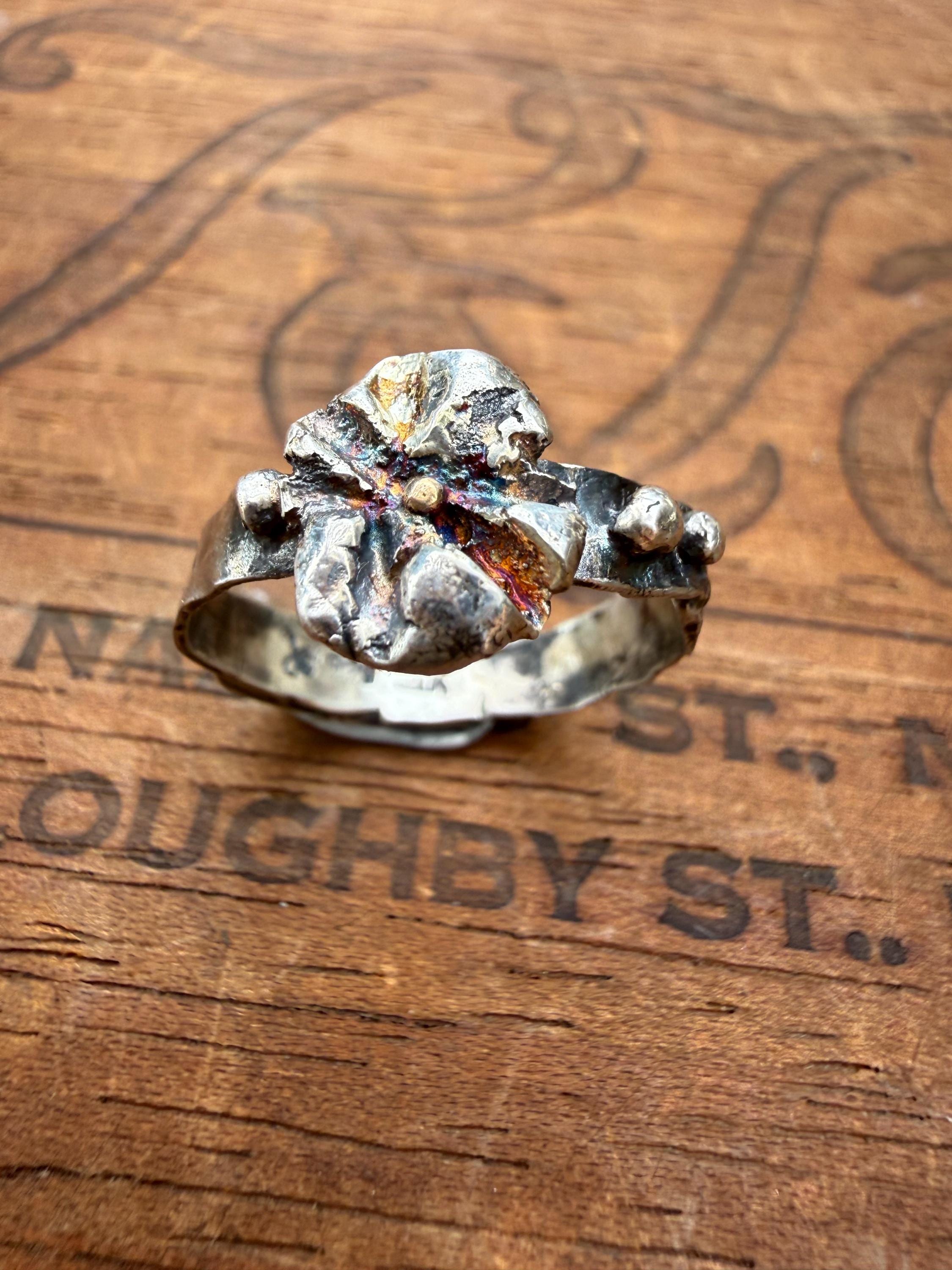 Fused Sterling Silver & Recycled 14K Gold Flower Ring, size 8 1/2