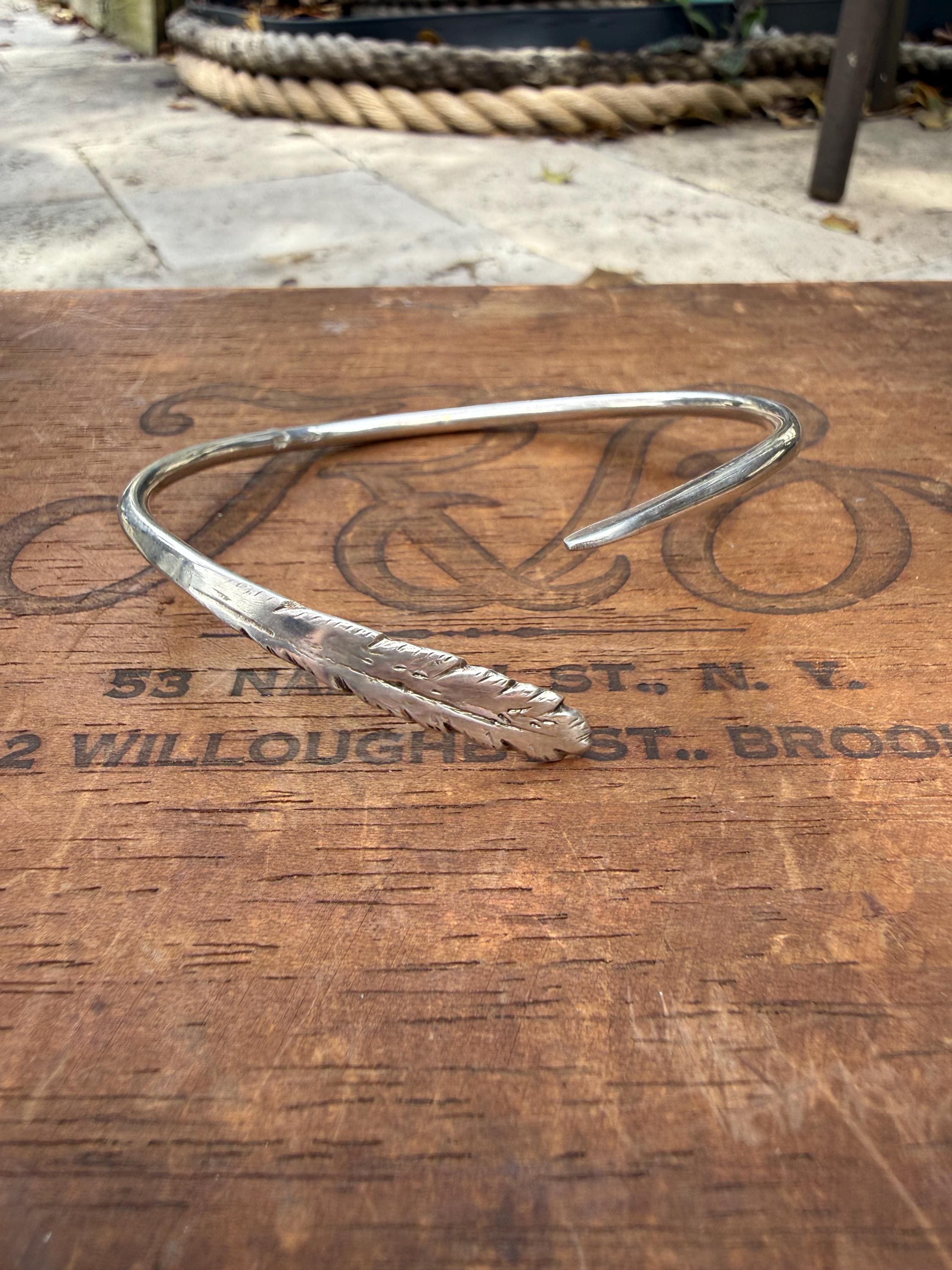 Hand Formed Feather Cuff Bangle Bracelet in Sterling Silver, adjustable