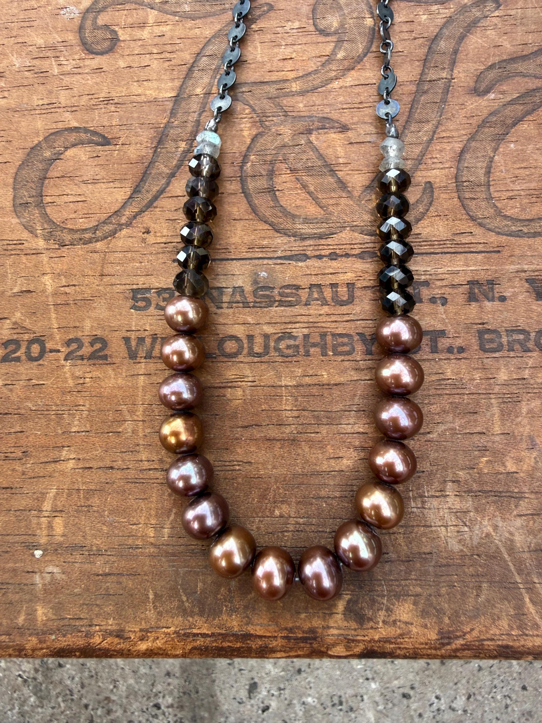Moody Metallic Freshwater Pearl Necklace with Smoky Topaz & Labradorite, with Blackened S. Silver Chain, 20”