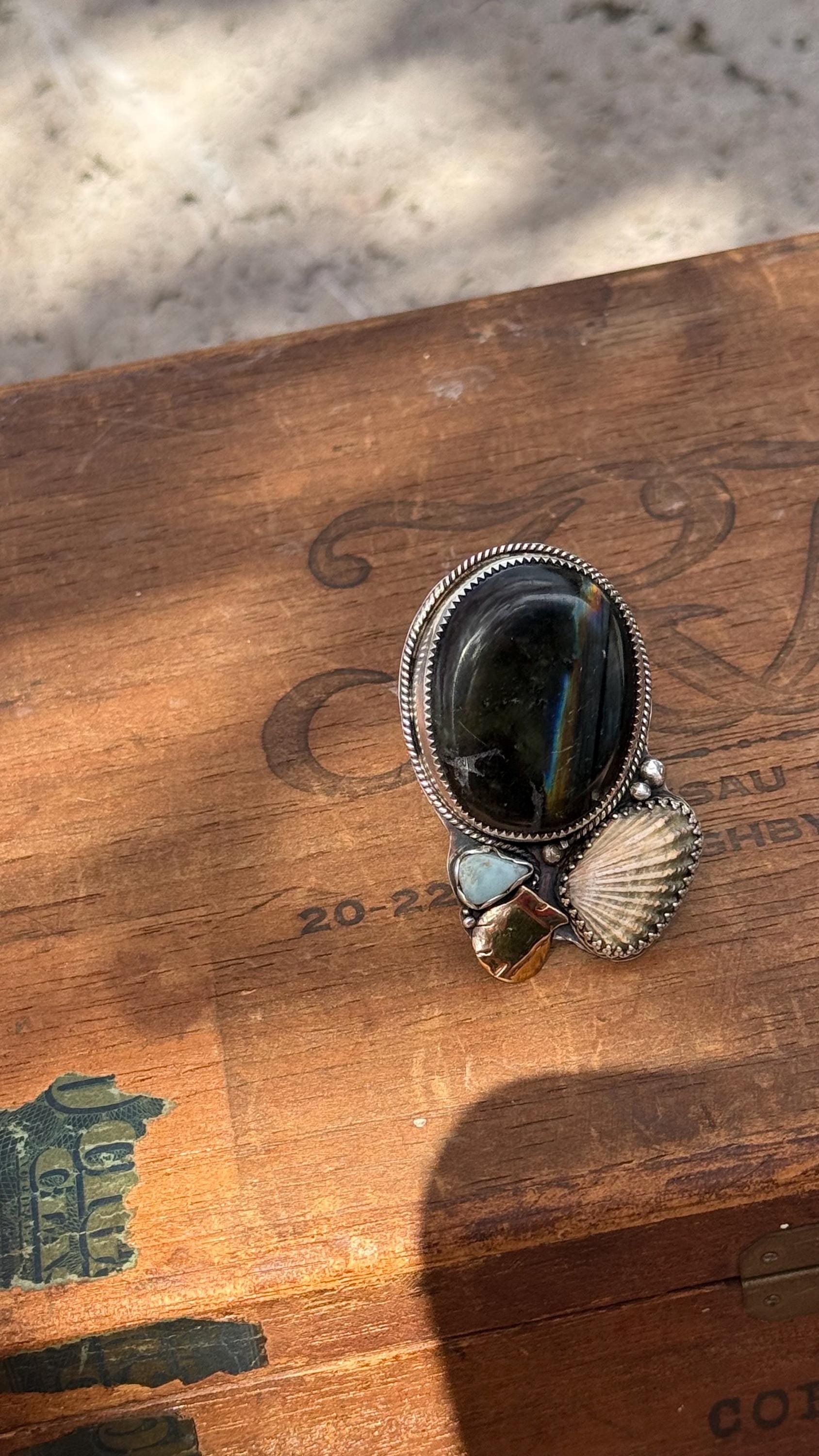 Flashing Labradorite, Broad-Ribbed Cardita Shell, Recycled Larimar, Cardita Shell, & Hand-Forged Scallop Shell in Mix of SS and 14KGF; 10MM Reticulated Band