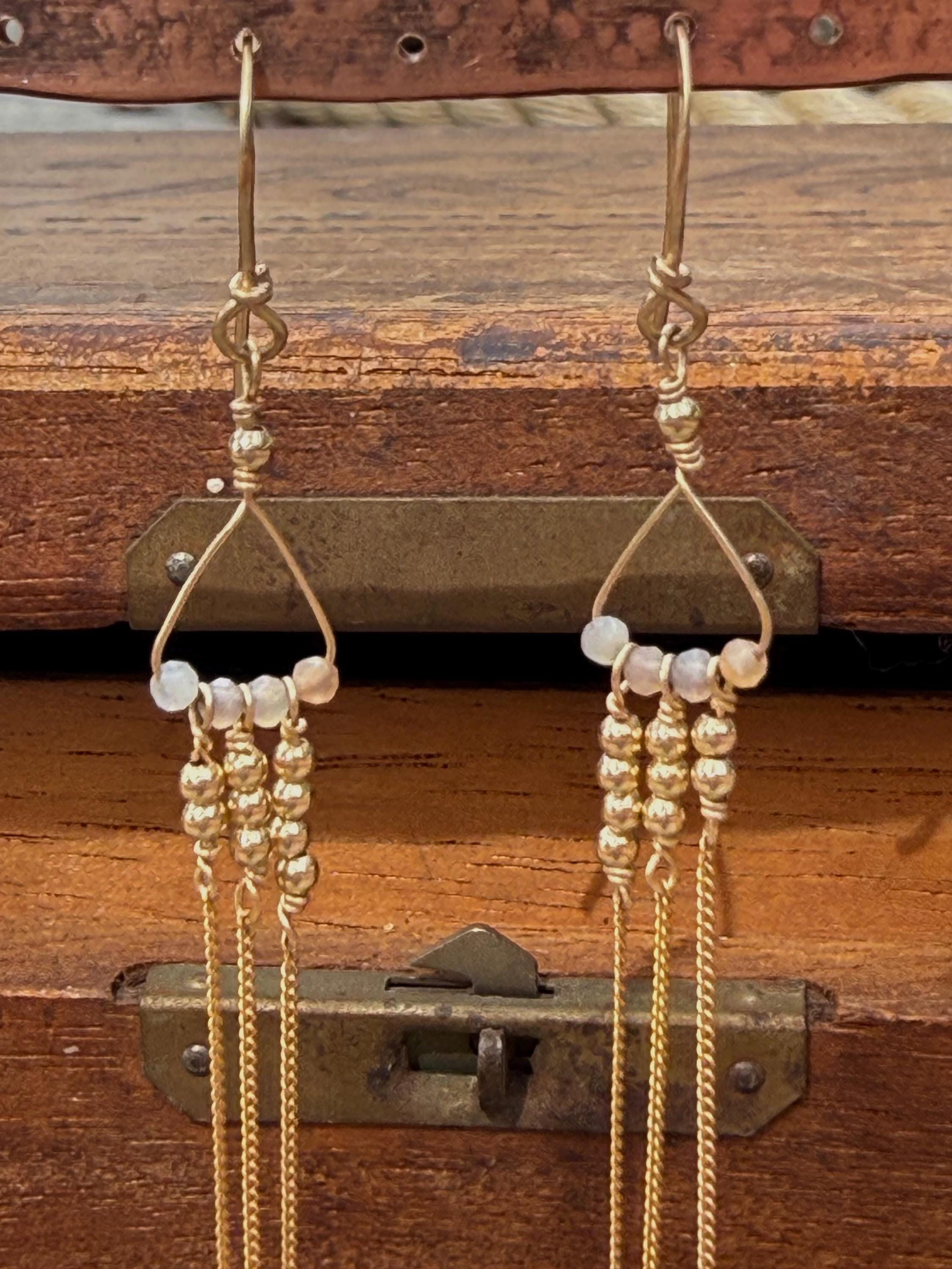 Peach Moonstone & Chain Extra Long Fringe Dangle Earrings in 14kgf, Handmade