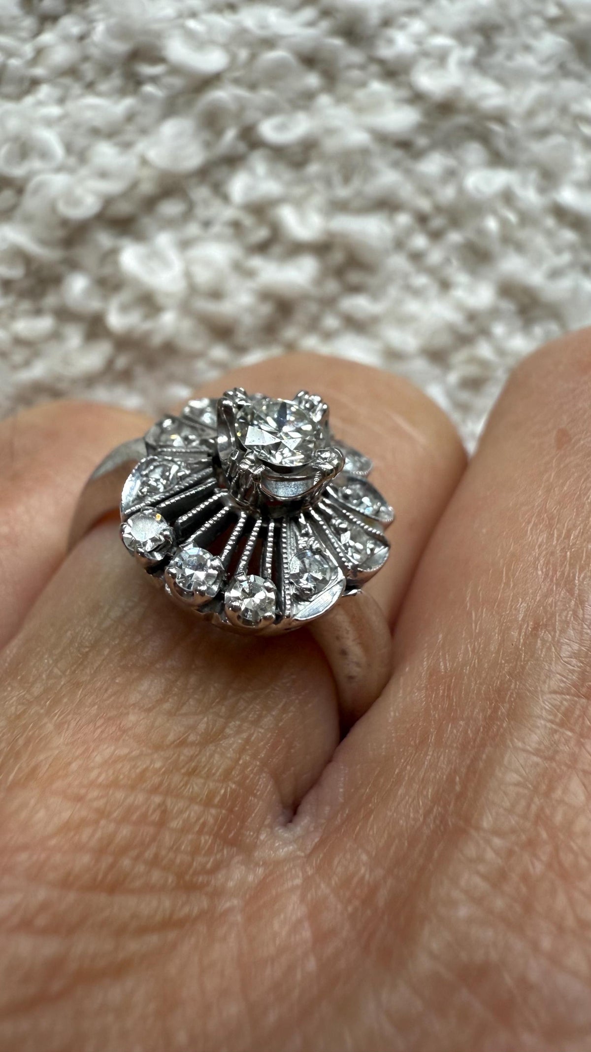 Antique Midcentury Cluster Flower Ring, Natural Diamonds, size 7. 1960’s