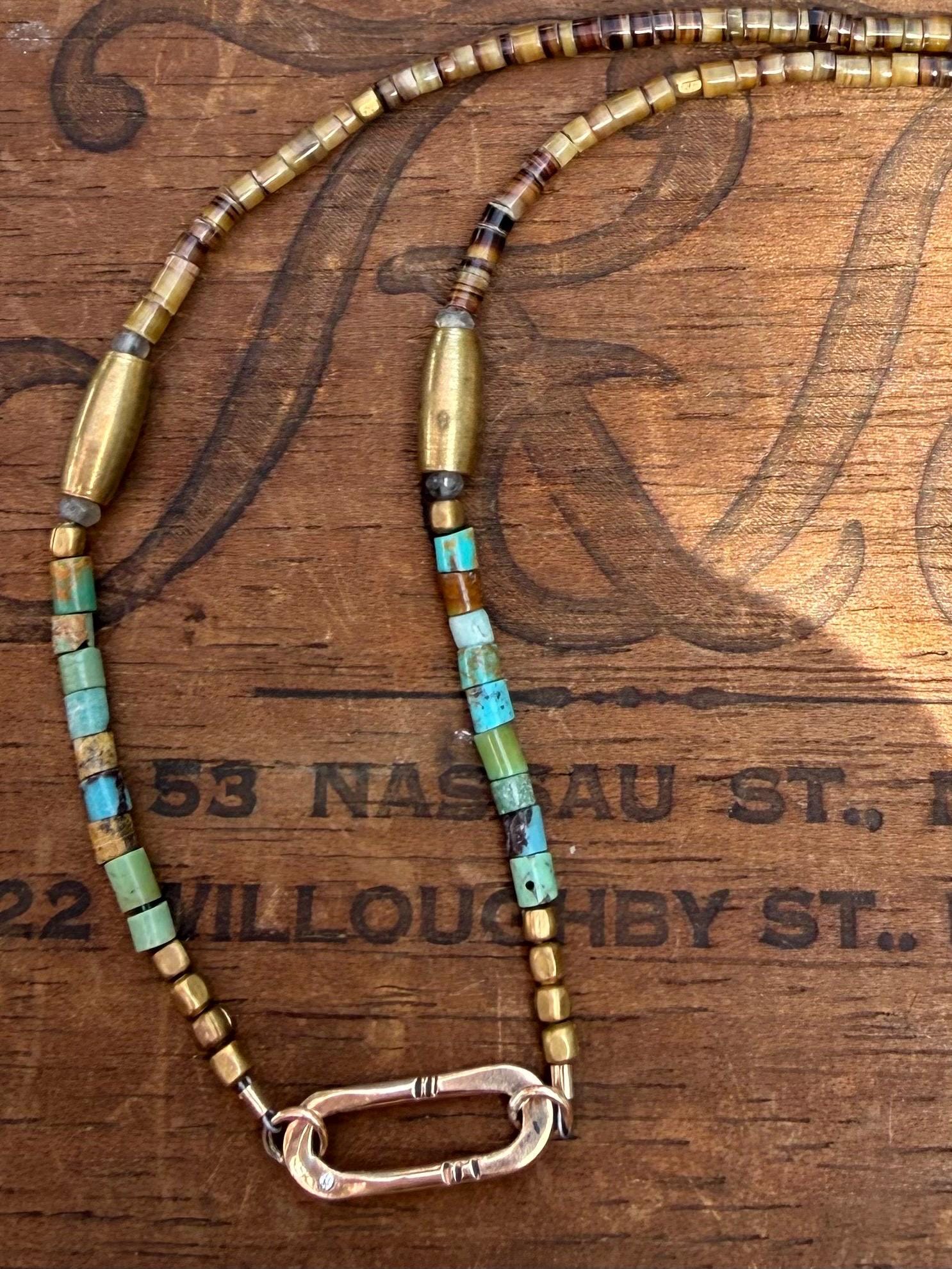 Gypsy Necklace with Turquoise, Shell & Brass Beads with Hand Formed 14kgf Link and Tiny Diamond, 22” 14kgf chain