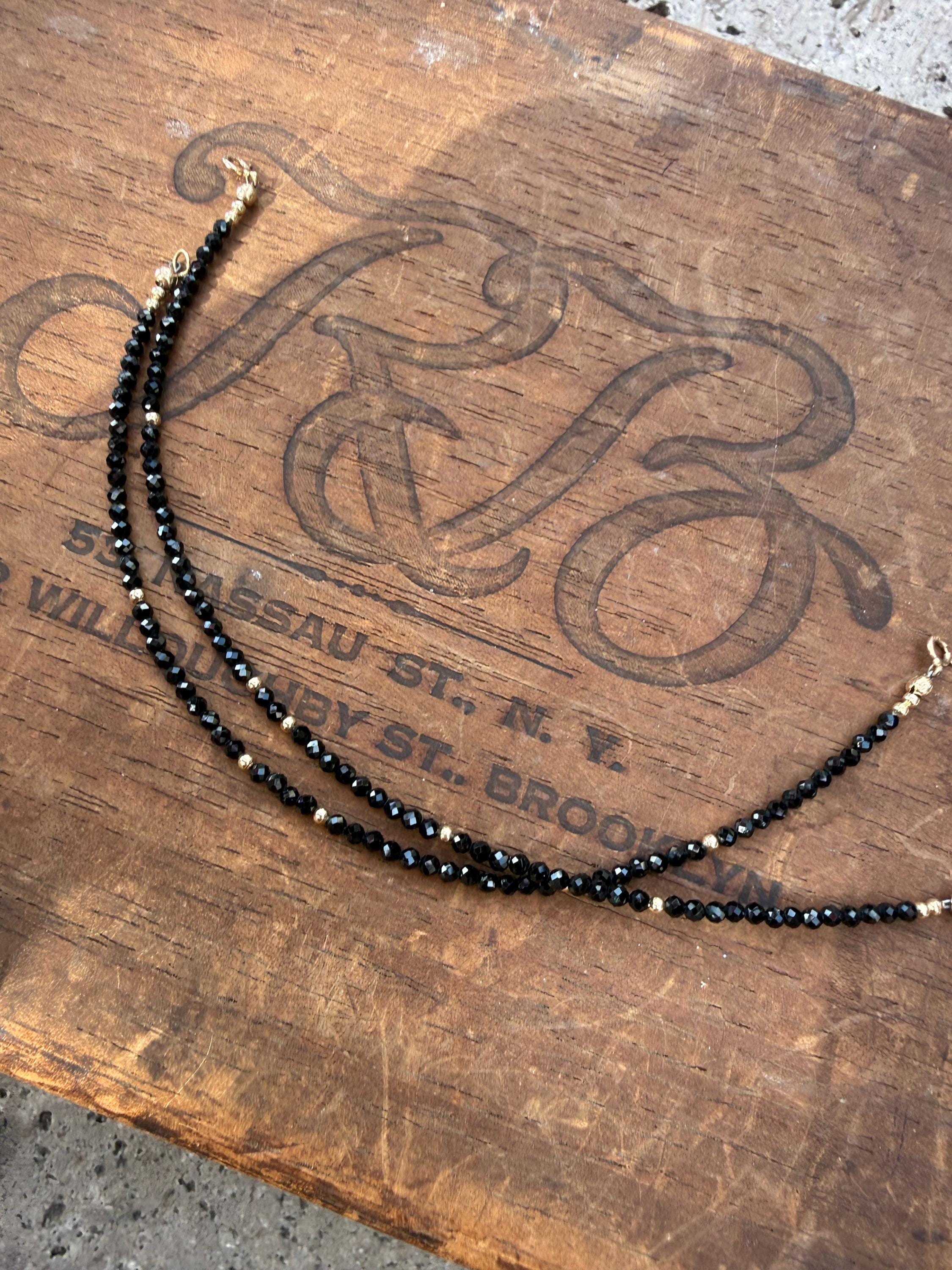 Black Tourmaline & 14k Gold Beaded Bracelet, size 6 3/4”