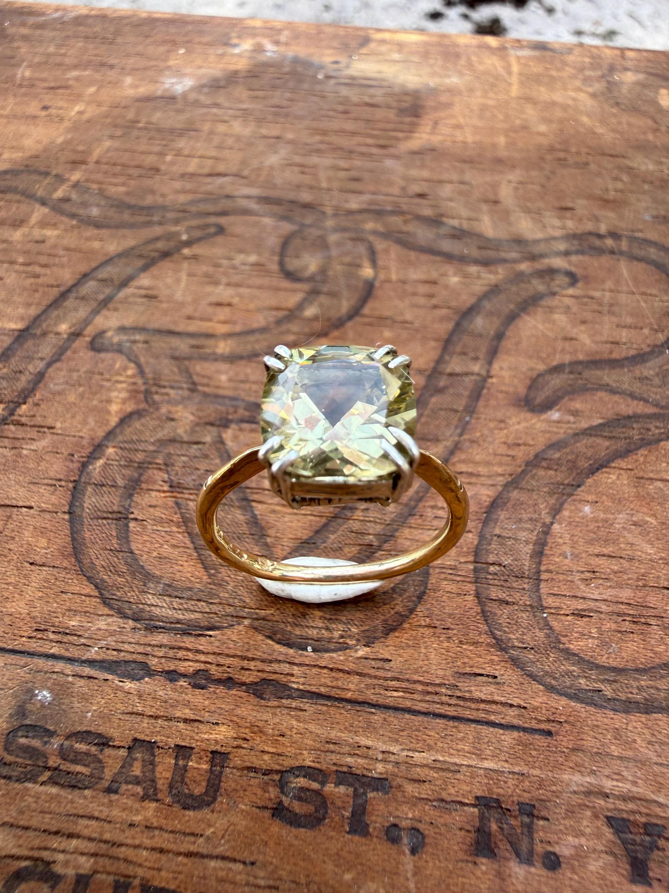 Handmade 2.3 Carats of Lemon Quartz Estate Stone and Vintage 14k Gold Band & Sterling Silver, Size 6.5