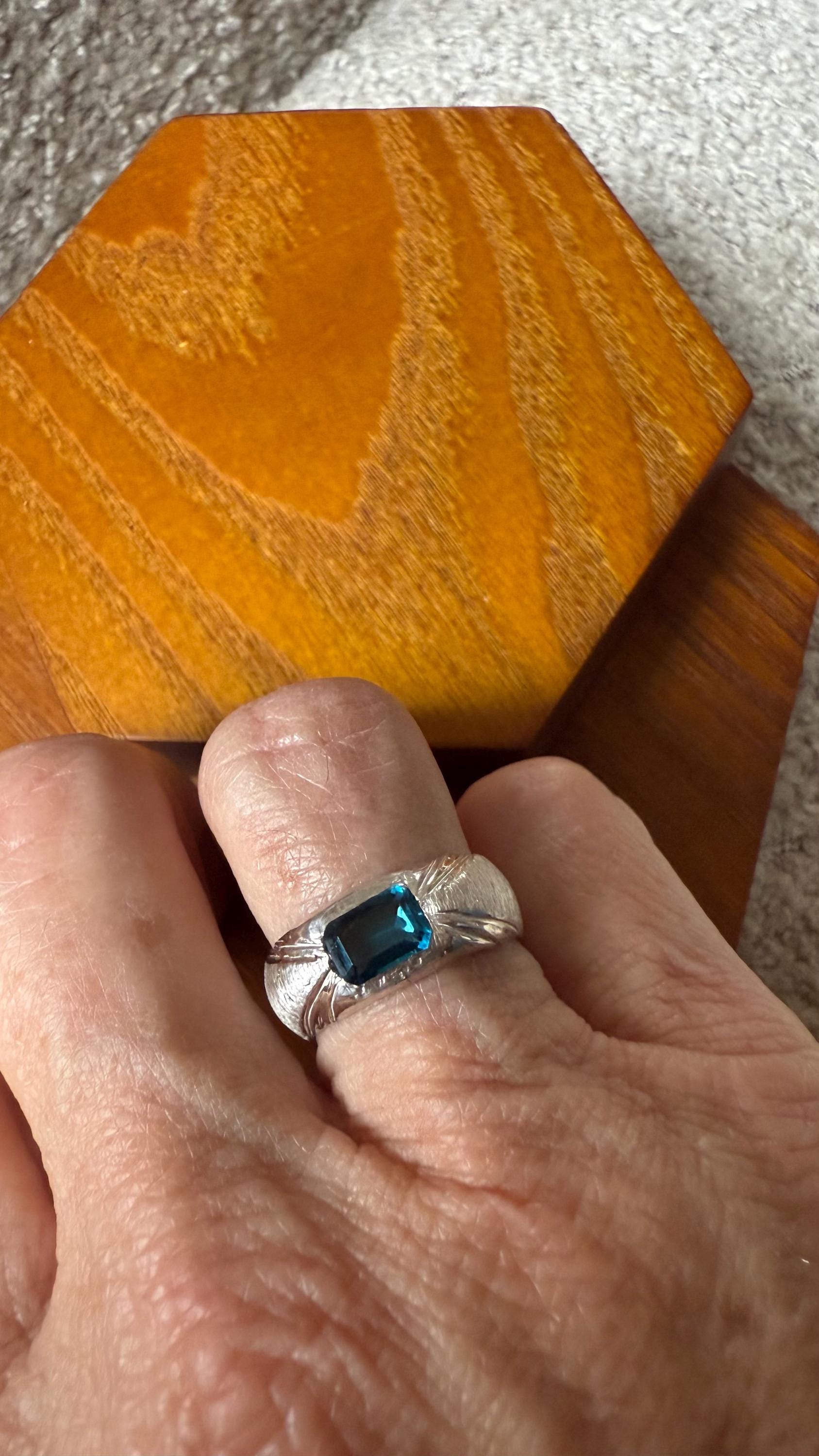 Hand Carved Fine Silver Dome Ring: London Blue Topaz, Size 7