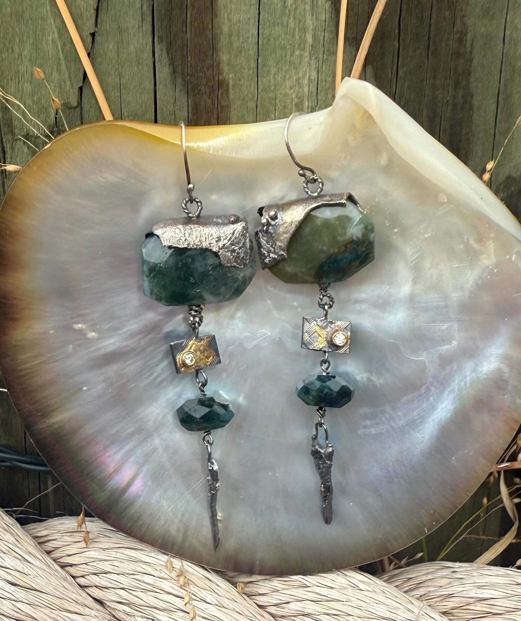 Gypsy Dangle Earrings with Moss Agate,  Emerald, Diamond, Sterling Silver, and 14Kt  Gold.