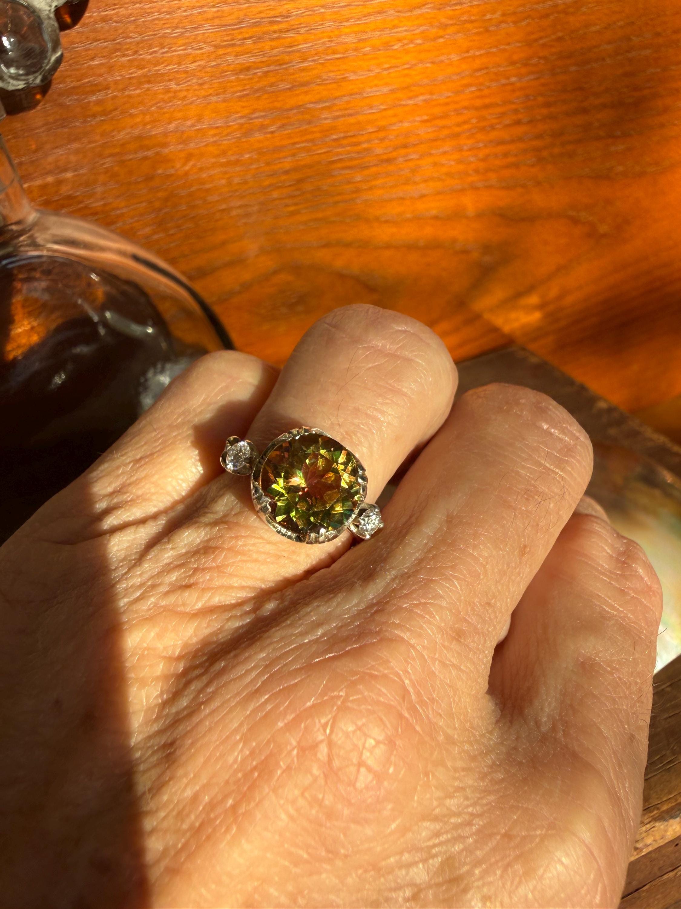 4 Carat Treasure Cave Mystic Topaz from Brazil, Flanked with Moissanite Diamonds, 14k Gold Vintage Band, size 6.5