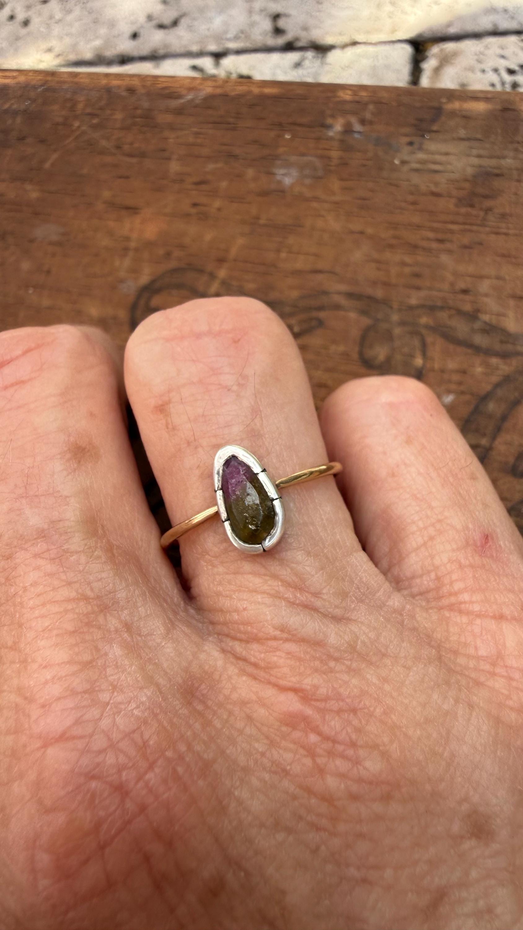 Rose Cut Watermelon Tourmaline Ring: Sterling Silver & 14K Gold, Size 8.25