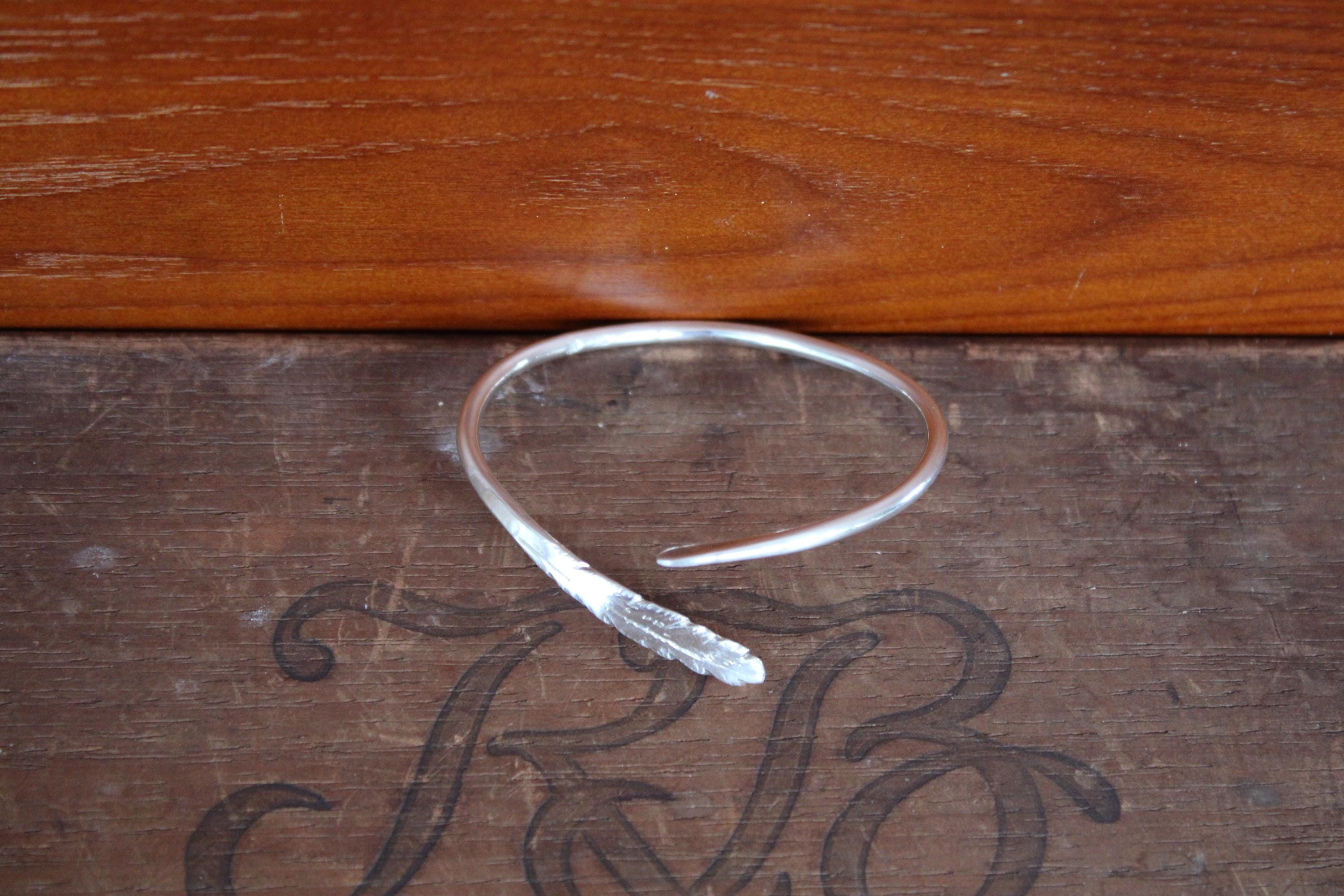 Hand Formed Feather Cuff Bangle Bracelet in Sterling Silver, adjustable