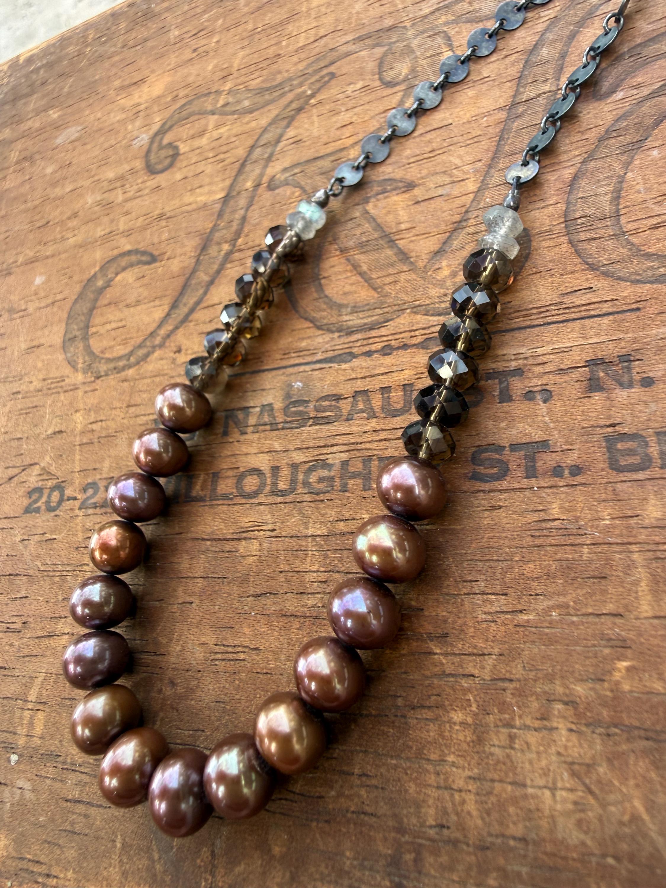 Moody Metallic Freshwater Pearl Necklace with Smoky Topaz & Labradorite, with Blackened S. Silver Chain, 20”