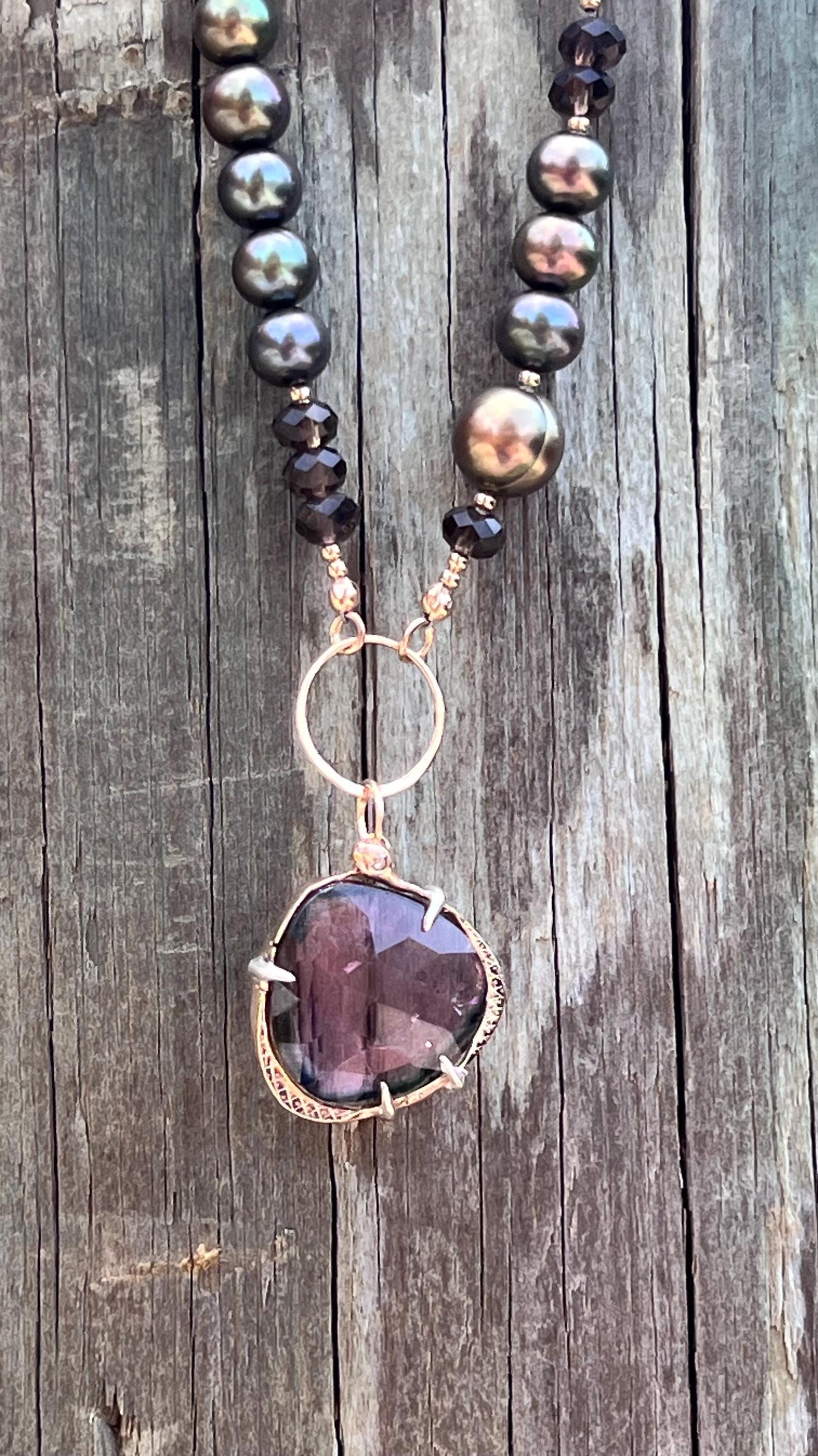 Watermelon Tourmaline Snake Necklace: 14k Gold, Diamond, Pearls, Smoky Topaz