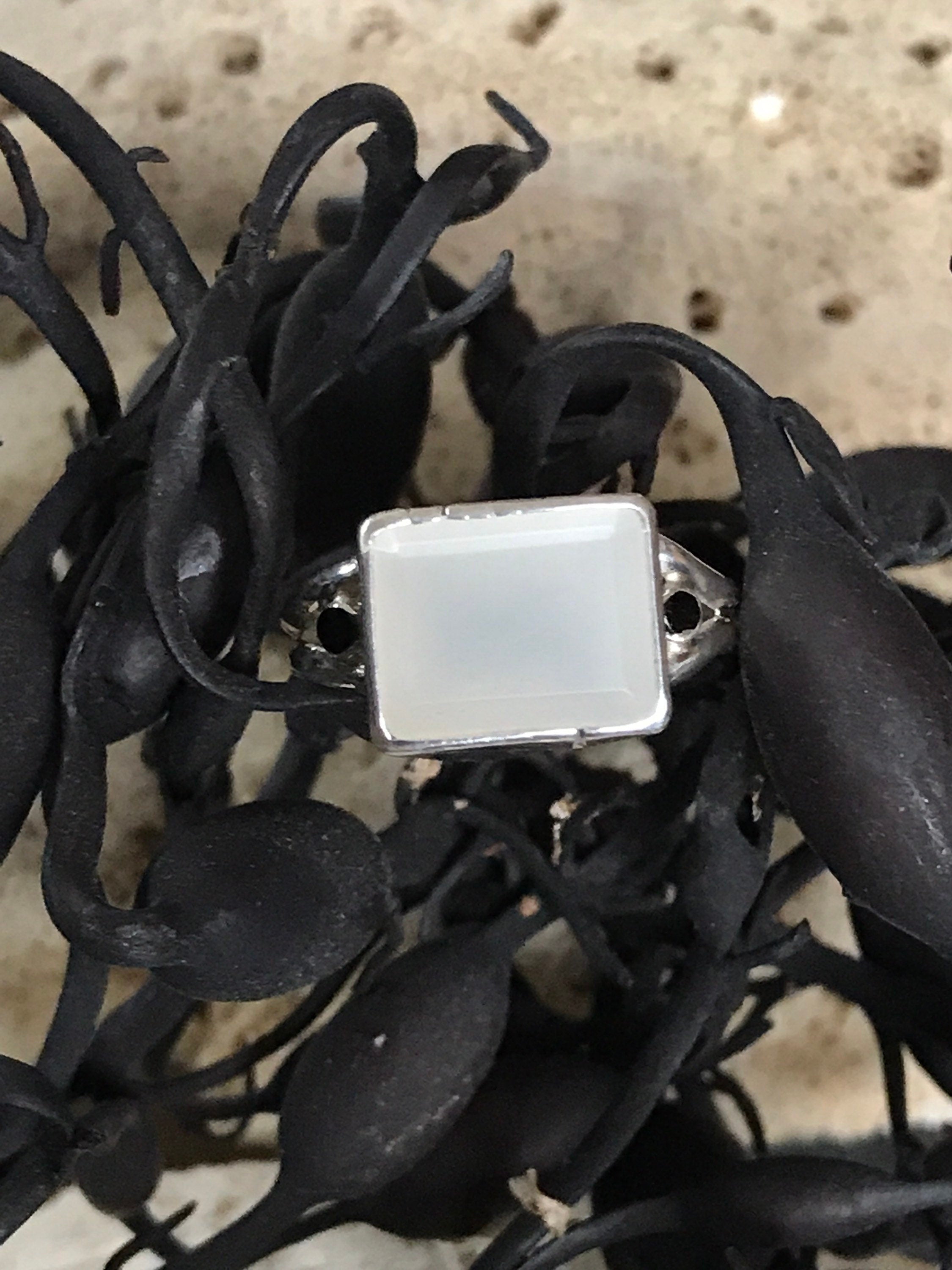 Emerald Cut CHALCEDONY with Spinel Sidelights in sterling silver, handmade with estate gems (earth friendly)