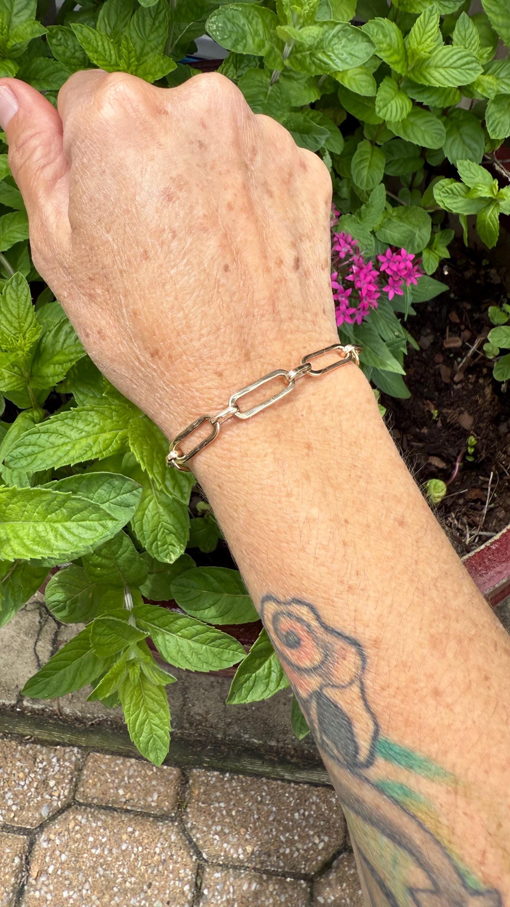 Hand-Forged 14KGF Paperclip Bracelet with Fine Silver Charms