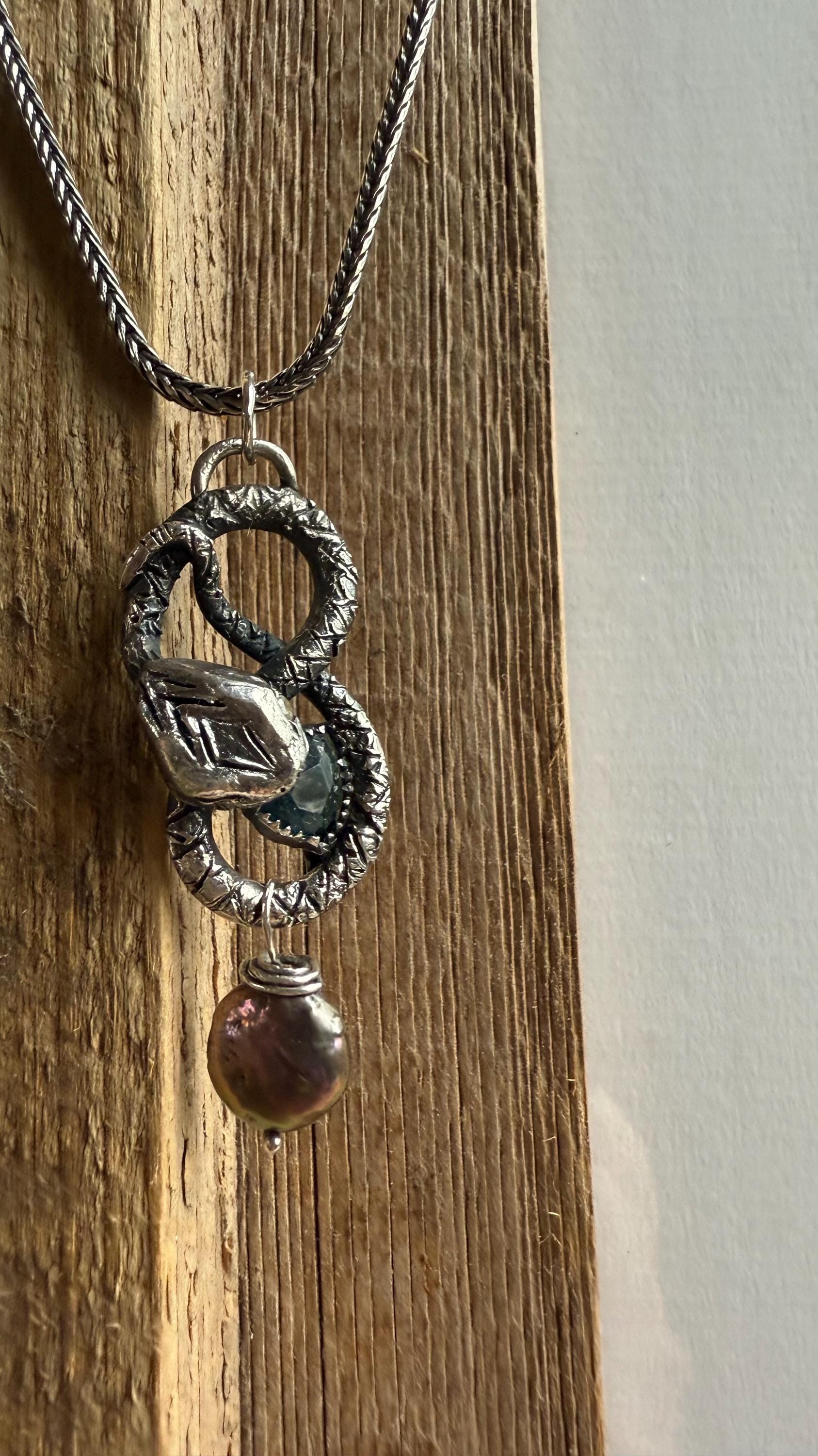 Hand-Sculpted Fine Silver Snake Pendant: Blue Tourmaline & Pearl, Sterling Chain