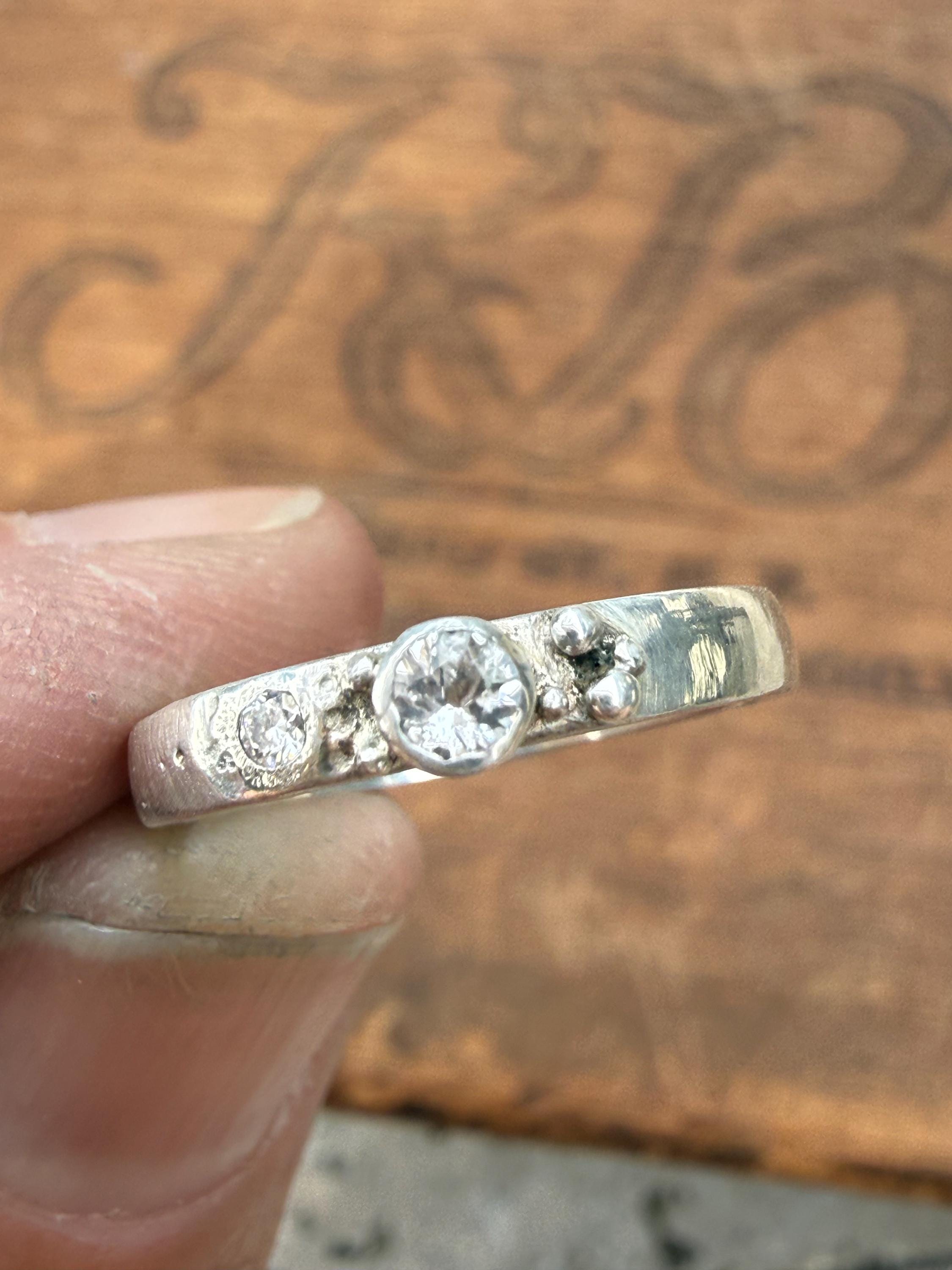 White Sapphire and Diamond Sterling Silver Band, Size 6 3/4