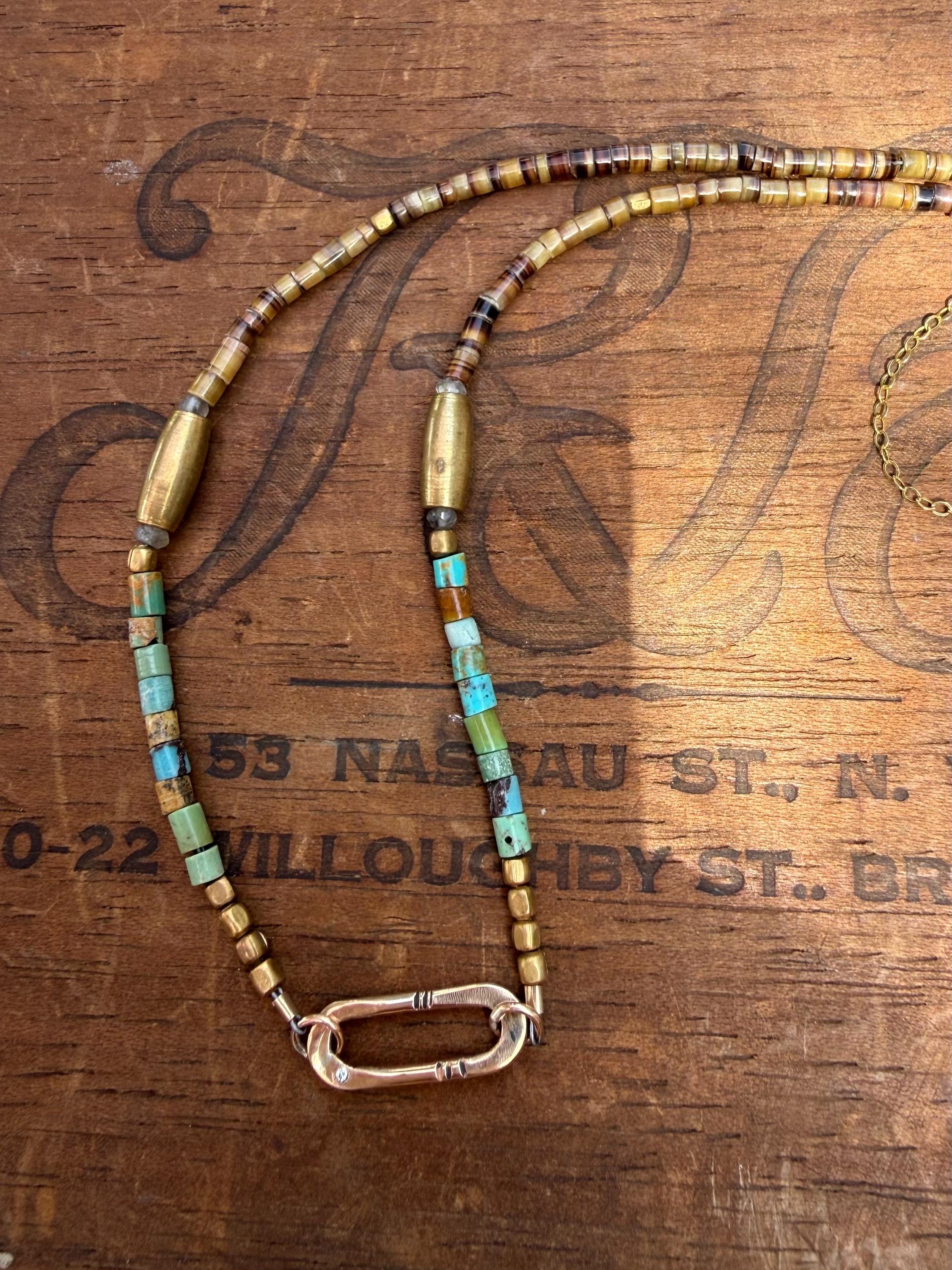 Gypsy Necklace with Turquoise, Shell & Brass Beads with Hand Formed 14kgf Link and Tiny Diamond, 22” 14kgf chain