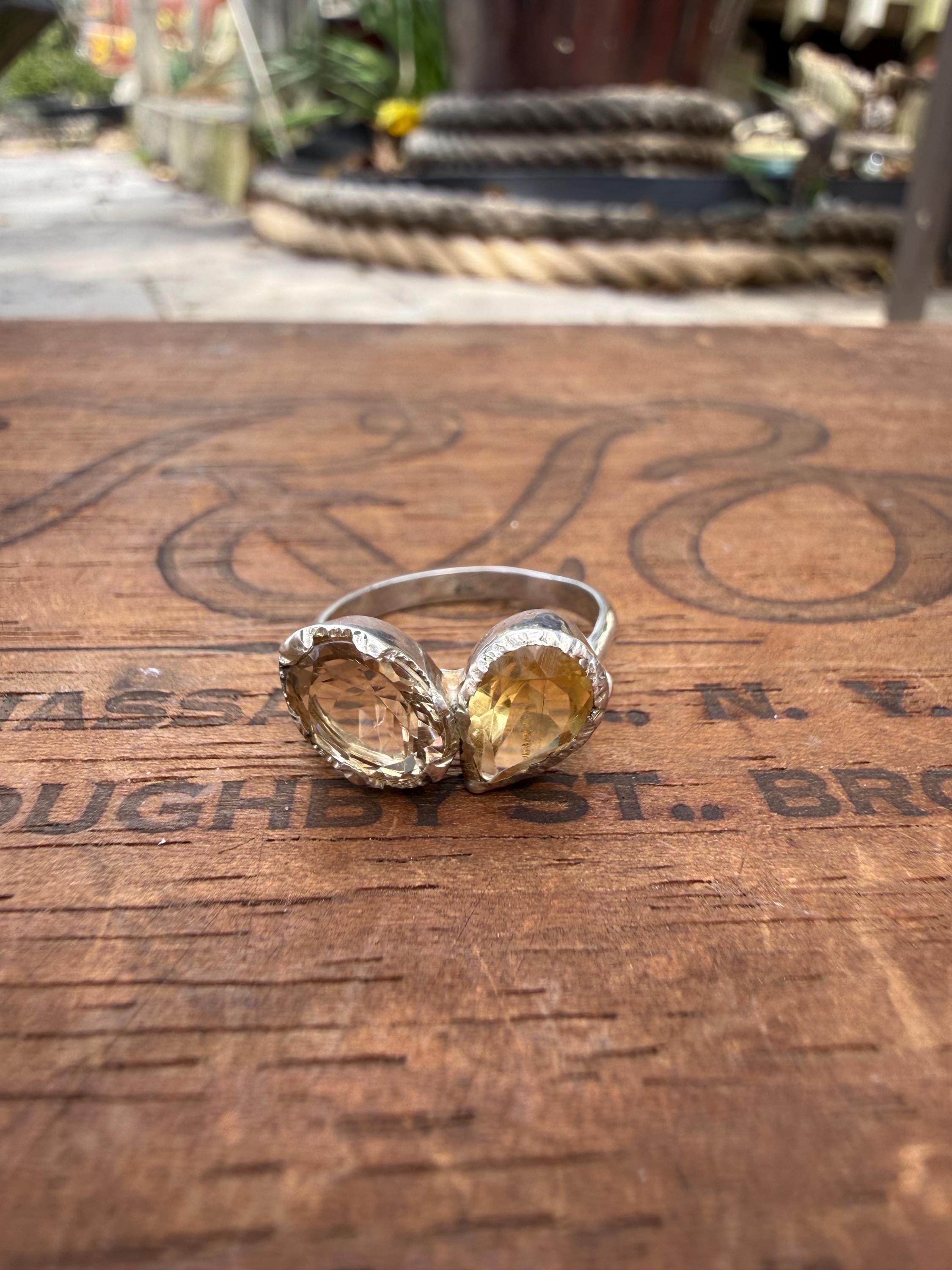 Hand-forged Sterling Silver Ring with Citrine Gemstones, size 6 3/4.