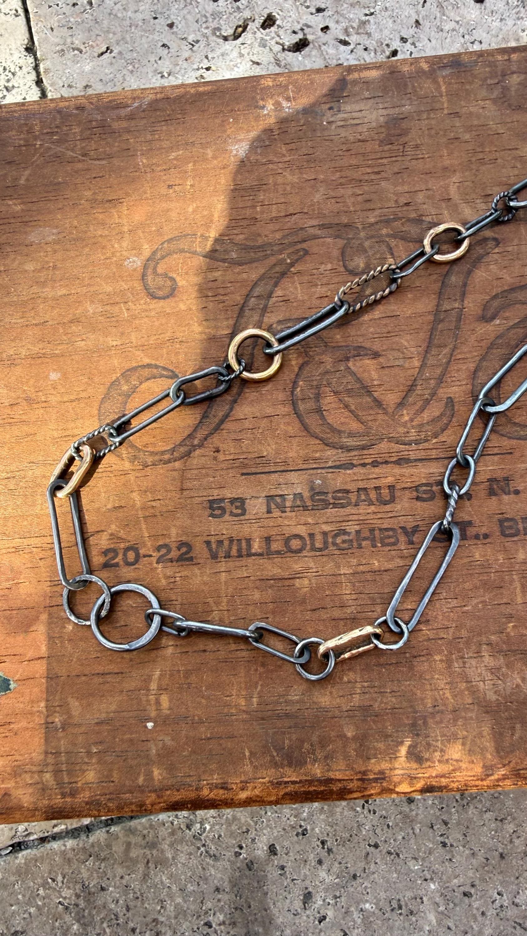 Hand-Formed Blackened Sterling Silver & 14k Gold Filled Oval and Circular Links, 18”