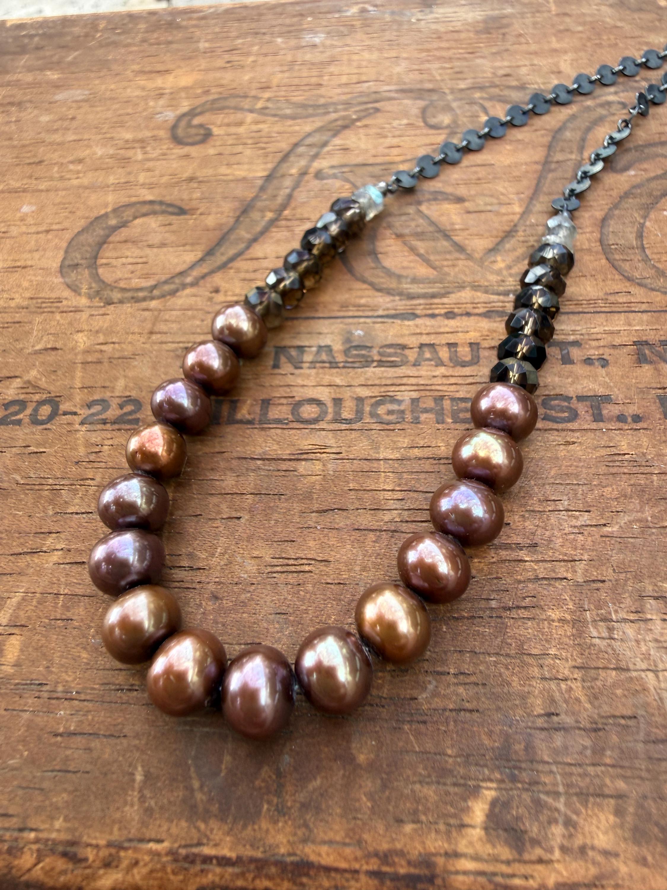 Moody Metallic Freshwater Pearl Necklace with Smoky Topaz & Labradorite, with Blackened S. Silver Chain, 20”