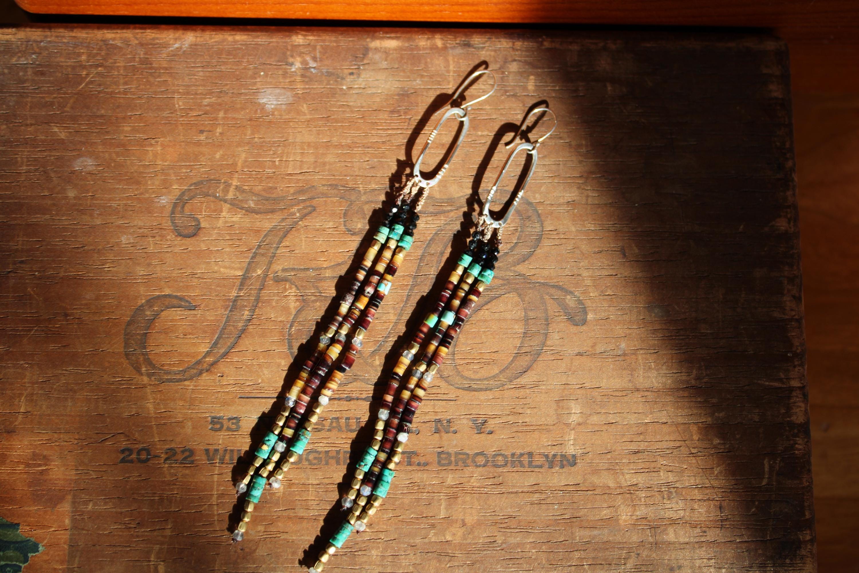 Gypsy Earrings with Shell, Labradorite, Turquoise, Black Tourmaline & Brass beads and Sterling Silver.