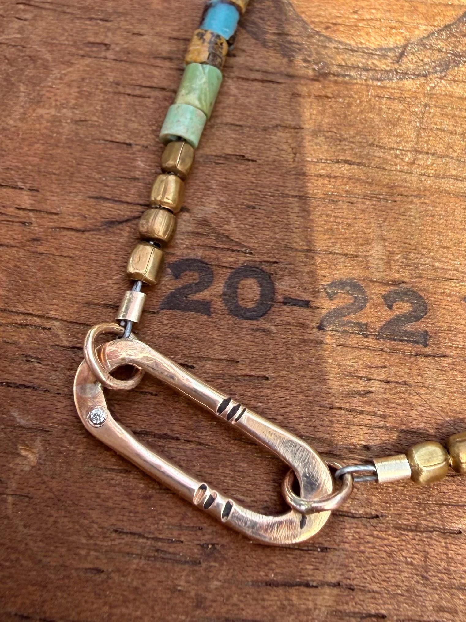 Gypsy Necklace with Turquoise, Shell & Brass Beads with Hand Formed 14kgf Link and Tiny Diamond, 22” 14kgf chain