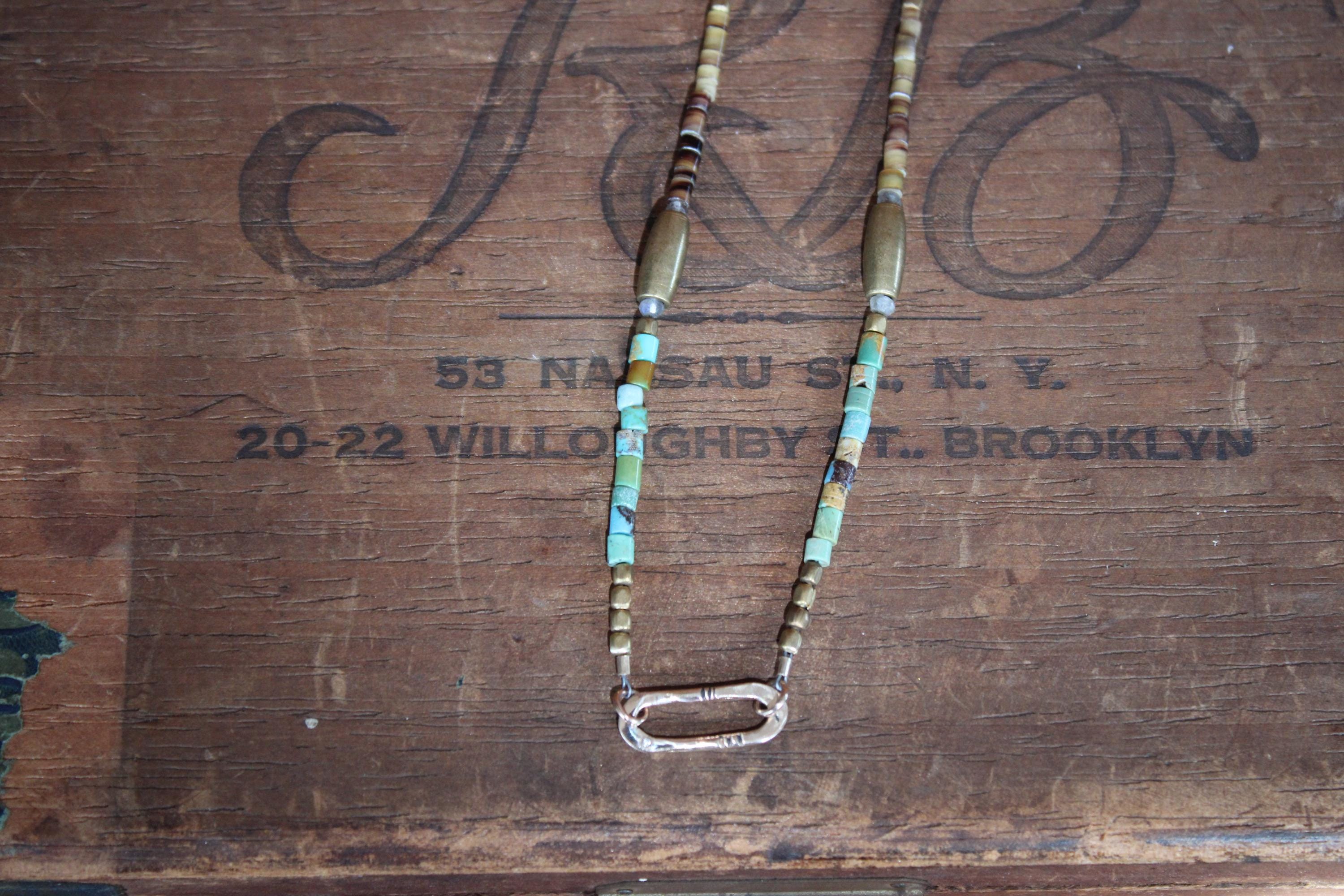 Gypsy Necklace with Turquoise, Shell & Brass Beads with Hand Formed 14kgf Link and Tiny Diamond, 22” 14kgf chain