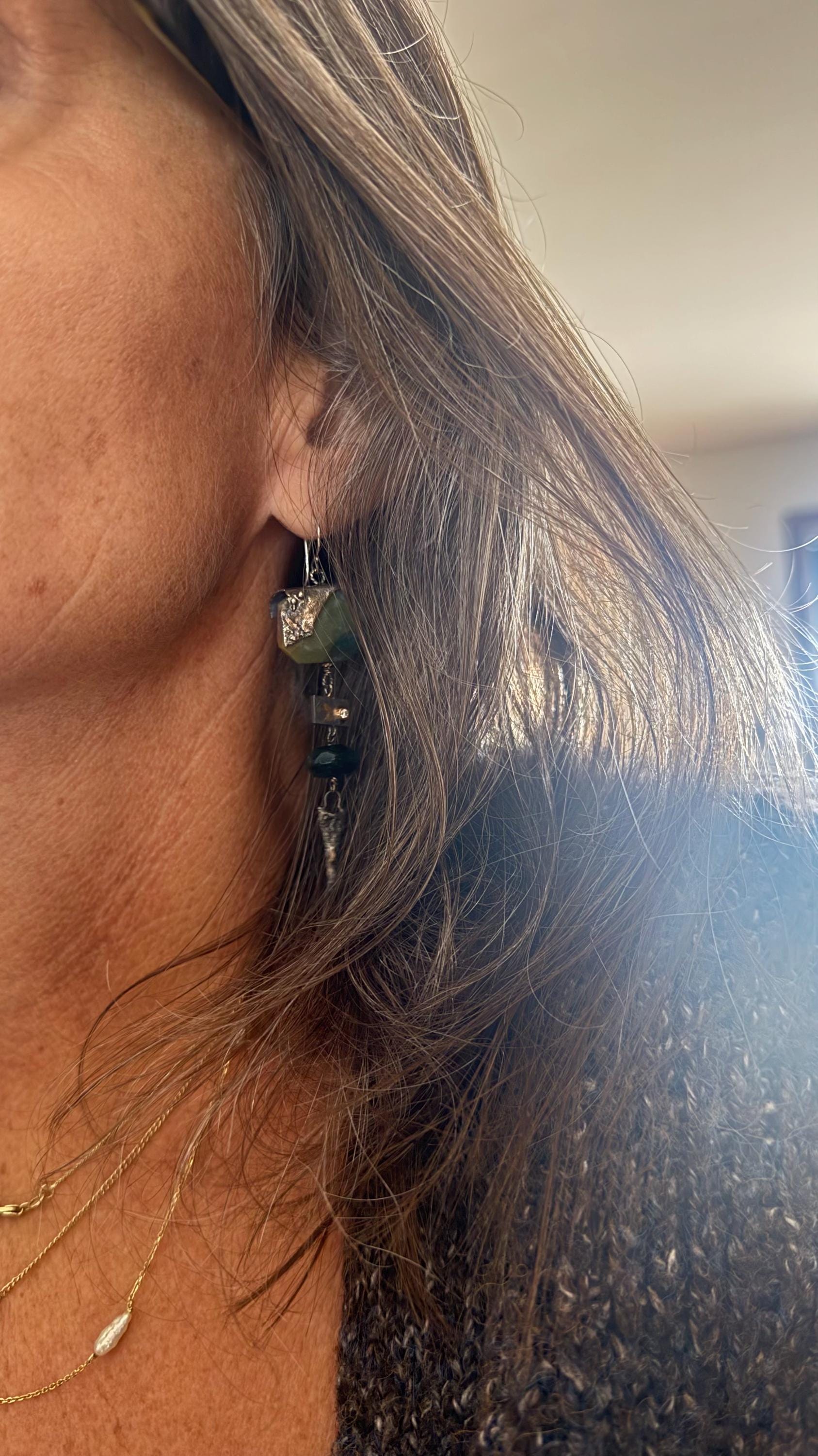 Gypsy Dangle Earrings with Moss Agate,  Emerald, Diamond, Sterling Silver, and 14Kt  Gold.